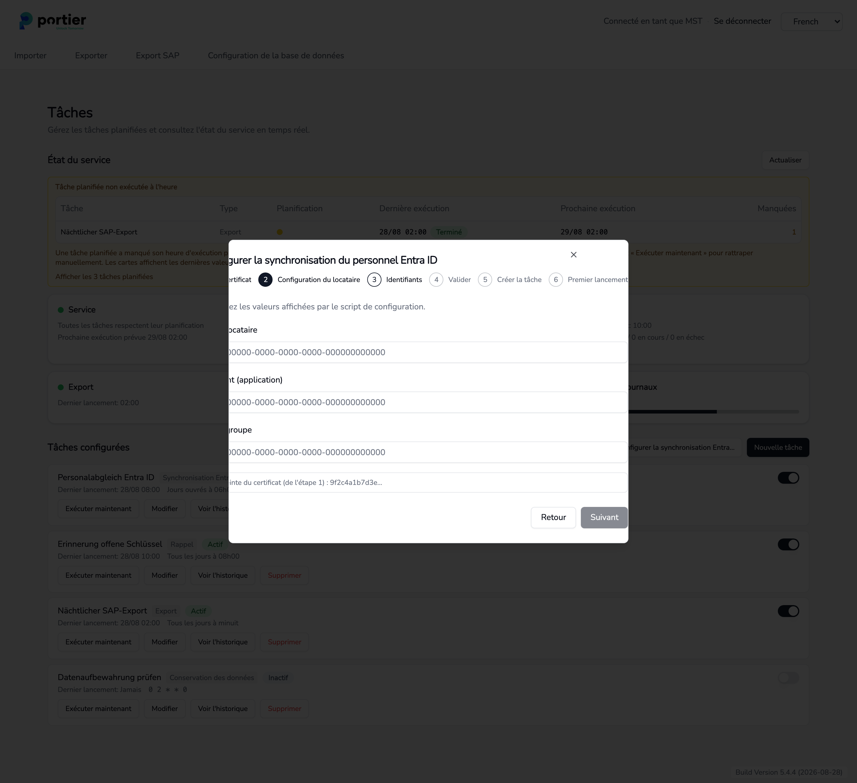 Étape 3, les trois identifiants affichés par le script de configuration