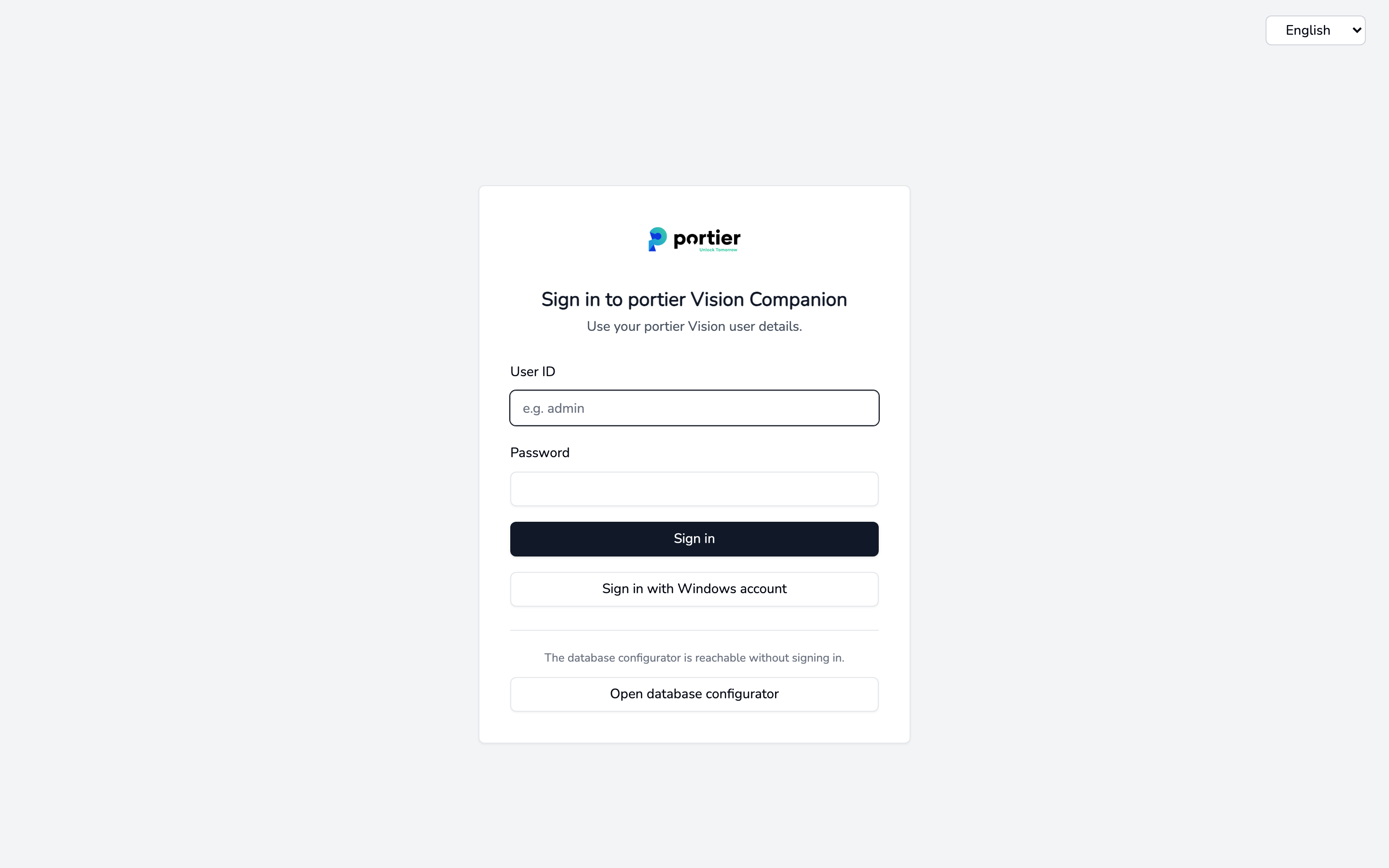 The sign-in screen. Open database configurator at the bottom works without signing in.
