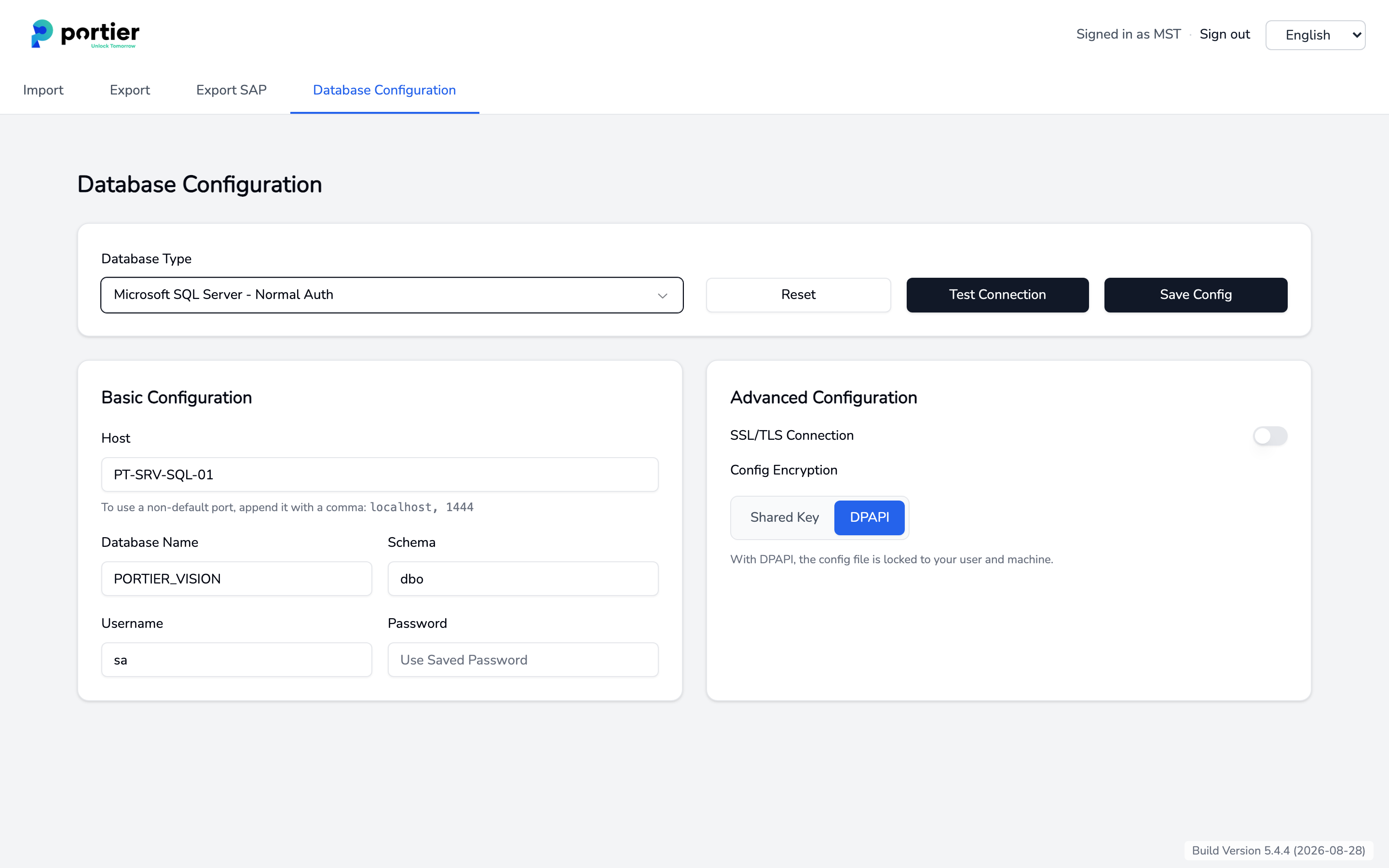 Database configuration for Microsoft SQL Server with normal authentication.