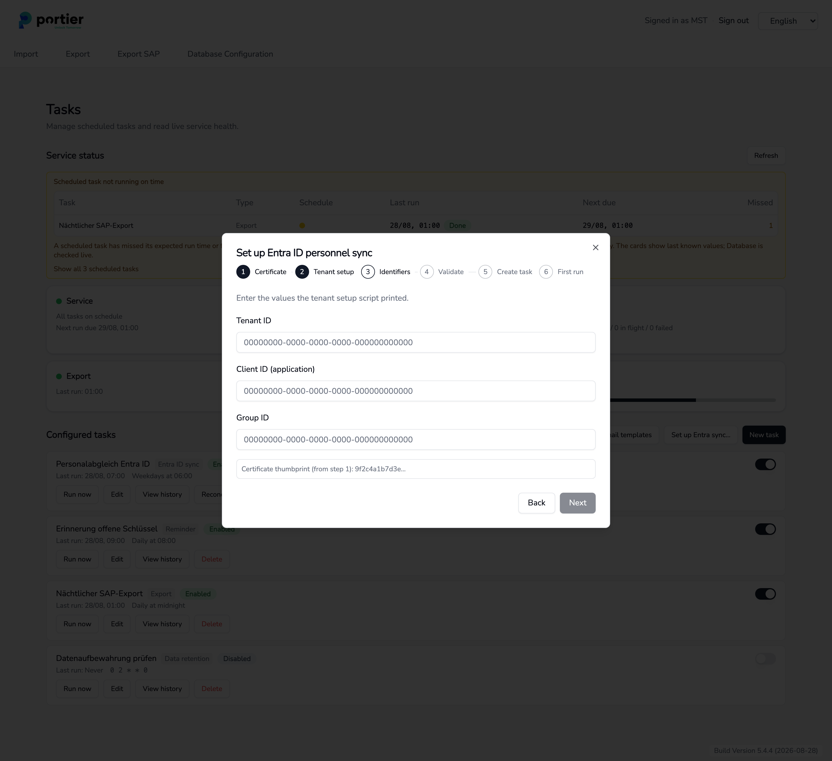 Step 3, the three identifiers printed by the setup script