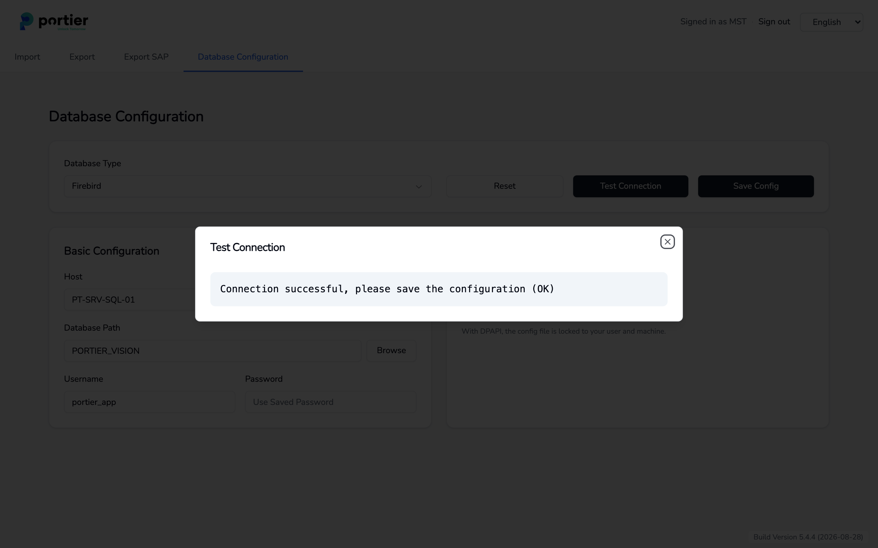 Database Configuration in the Companion, a successful "Test Connection"