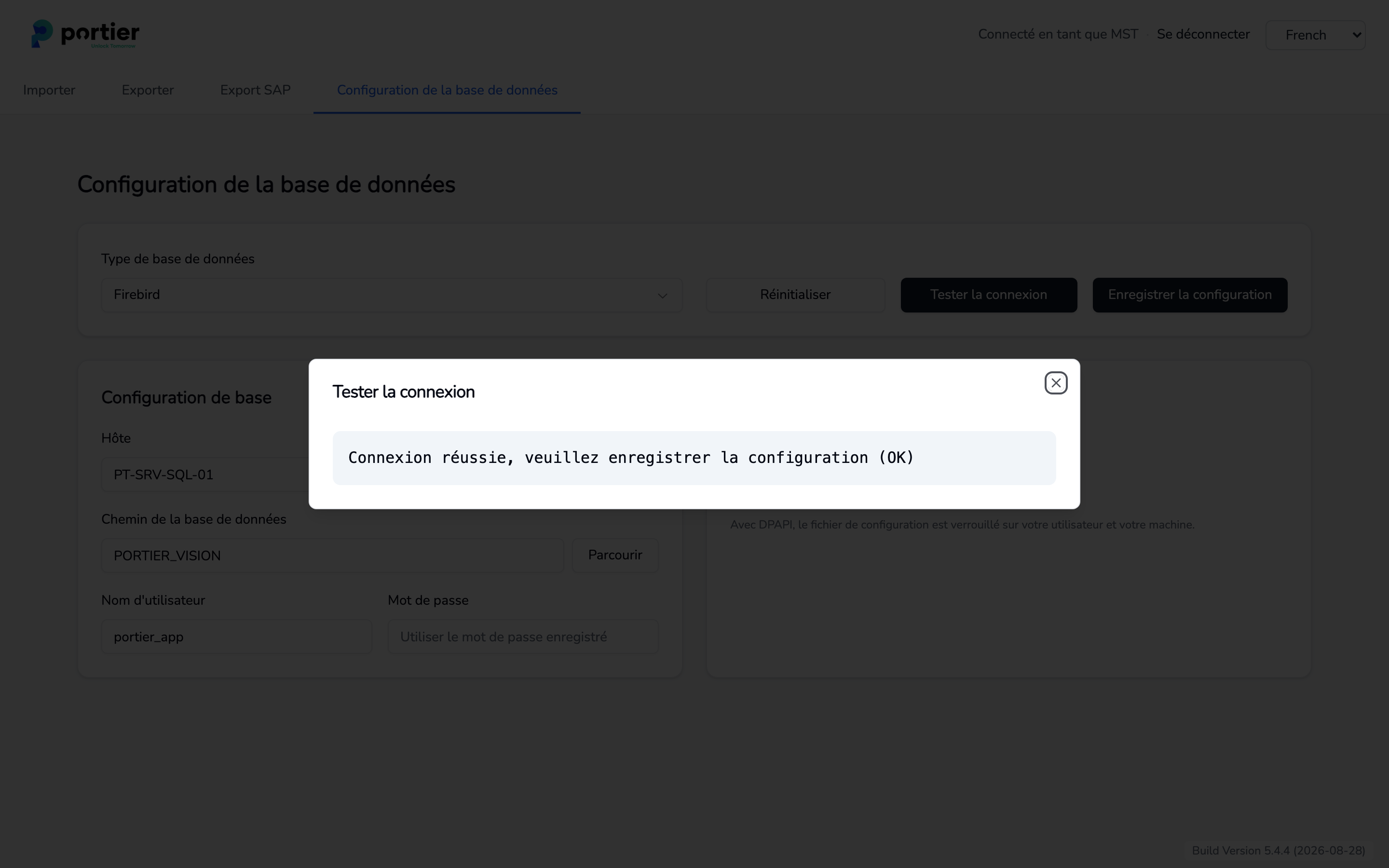 Configuration de la base de données dans le Companion, test réussi avec « Tester la connexion »