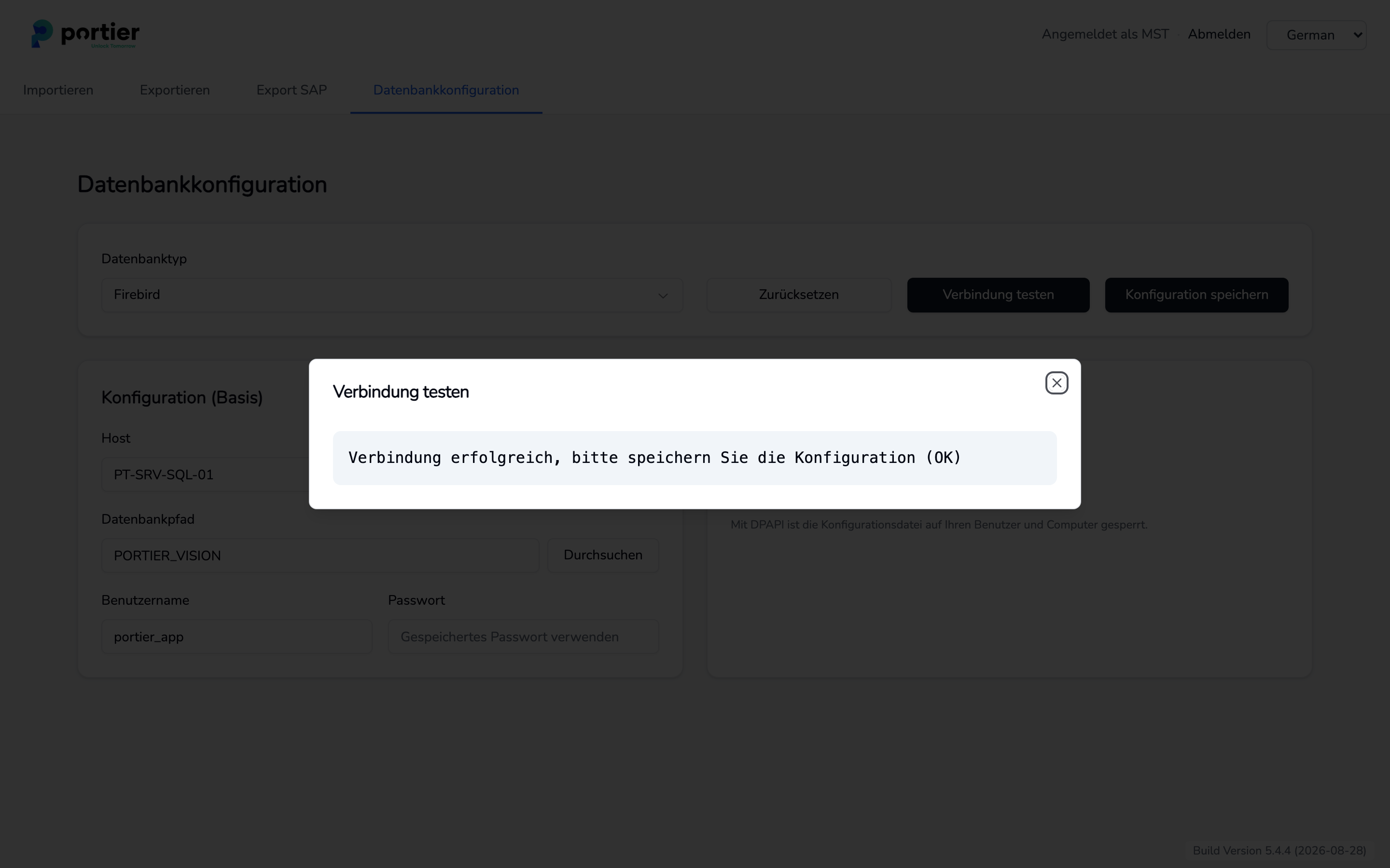 Datenbankkonfiguration im Companion, erfolgreicher Test mit "Verbindung testen"