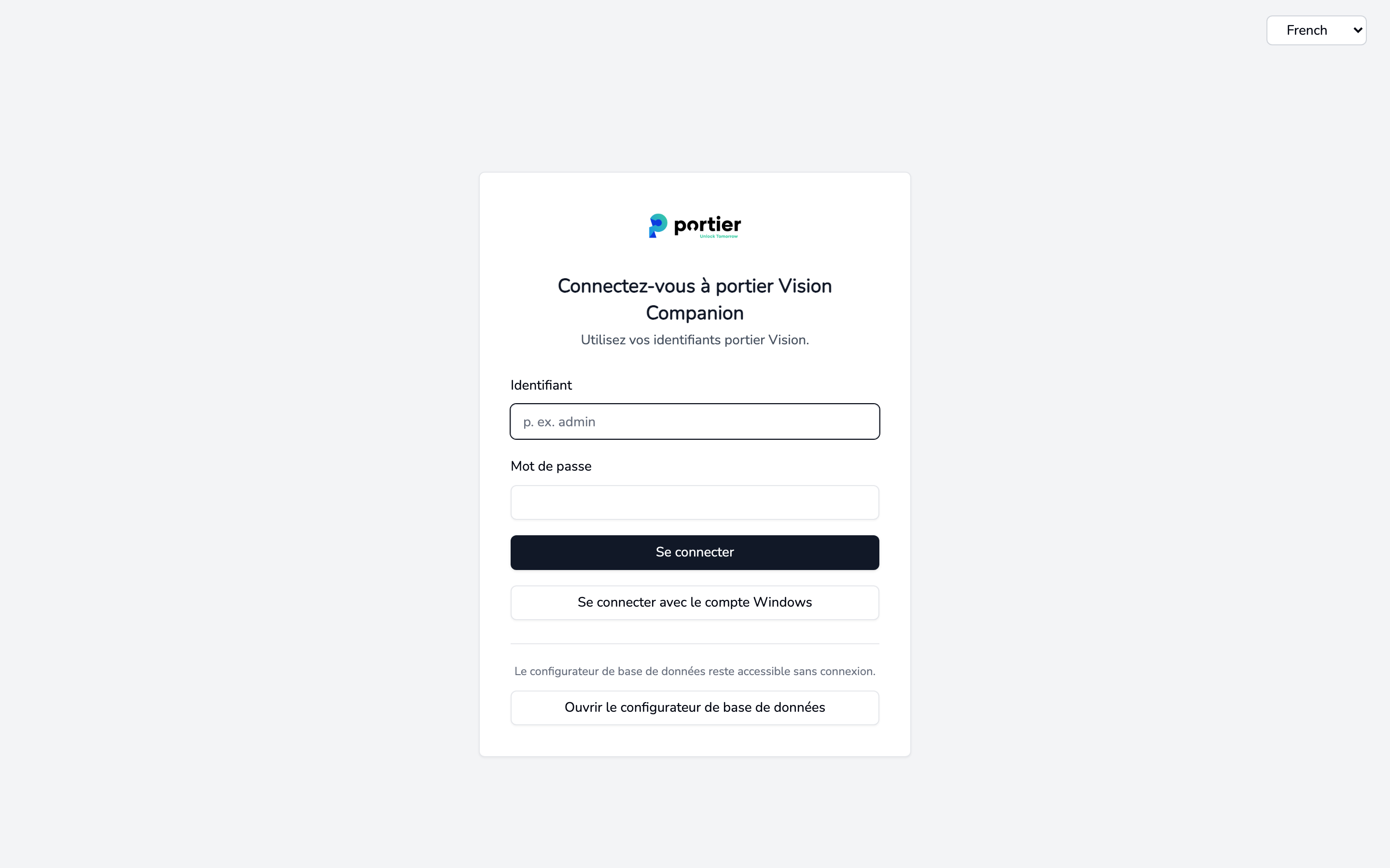 L'écran de connexion. En bas, Ouvrir le configurateur de base de données fonctionne sans connexion.