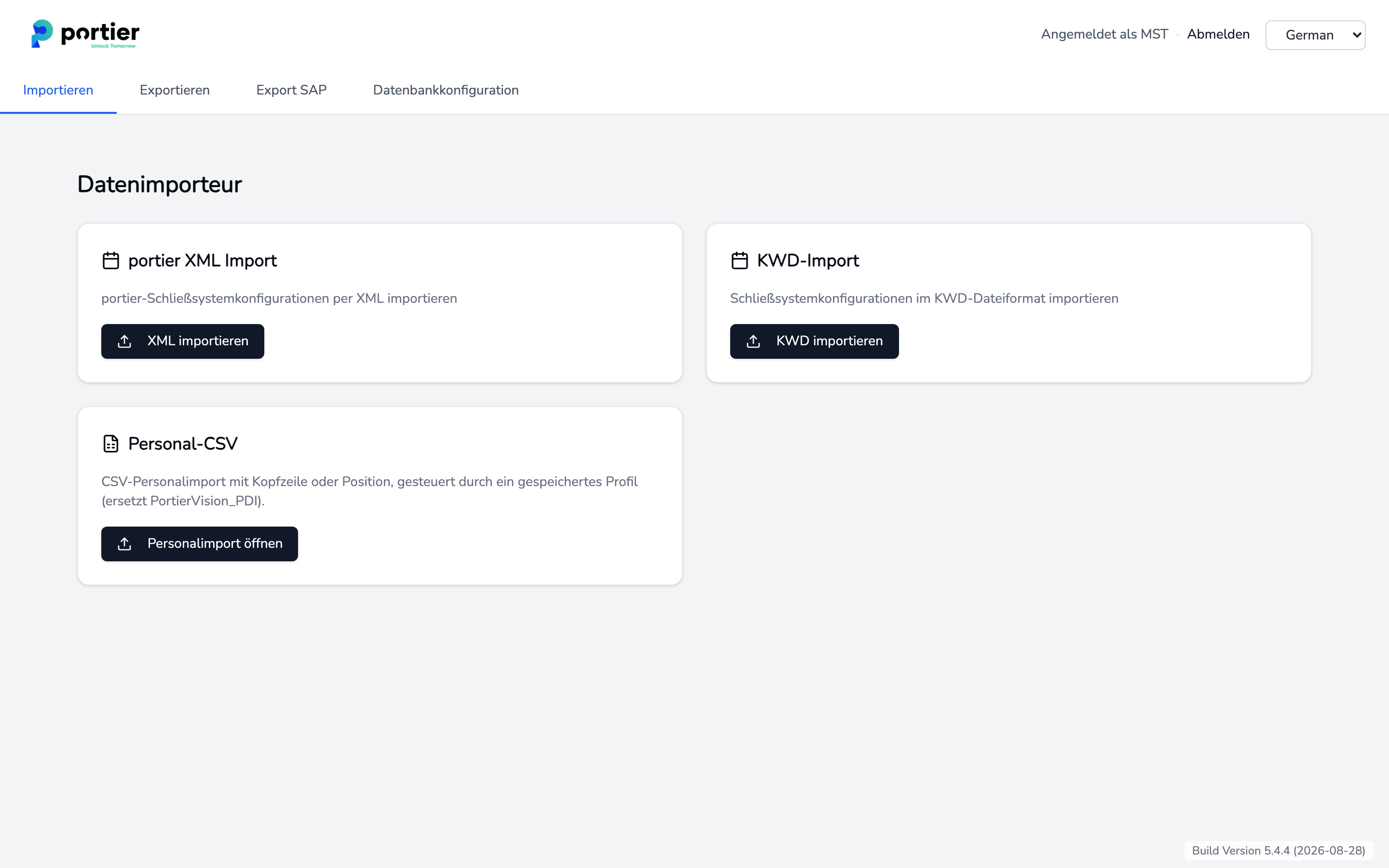 Der Bereich Importieren mit den Kacheln portier XML Import, KWD-Import und Personal-CSV