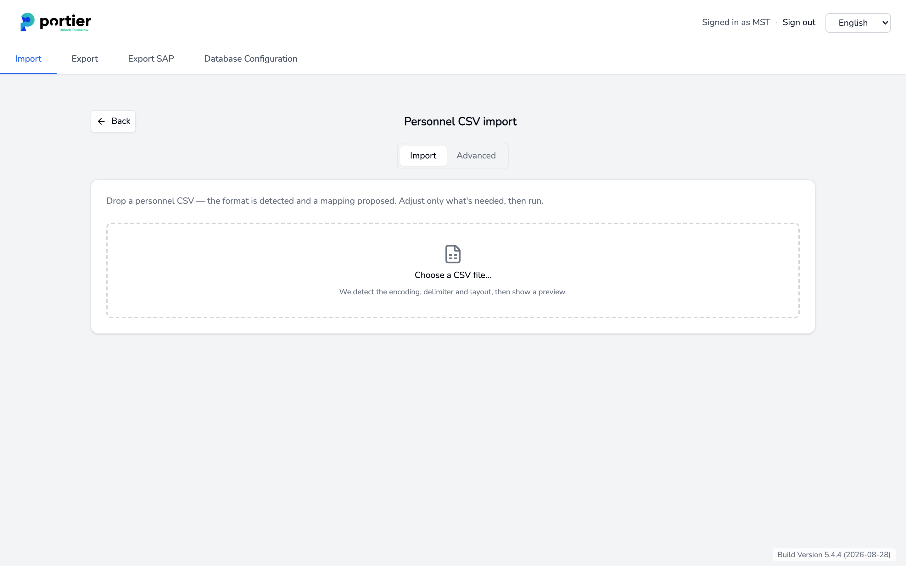 The Import tab, with the field for the CSV file.