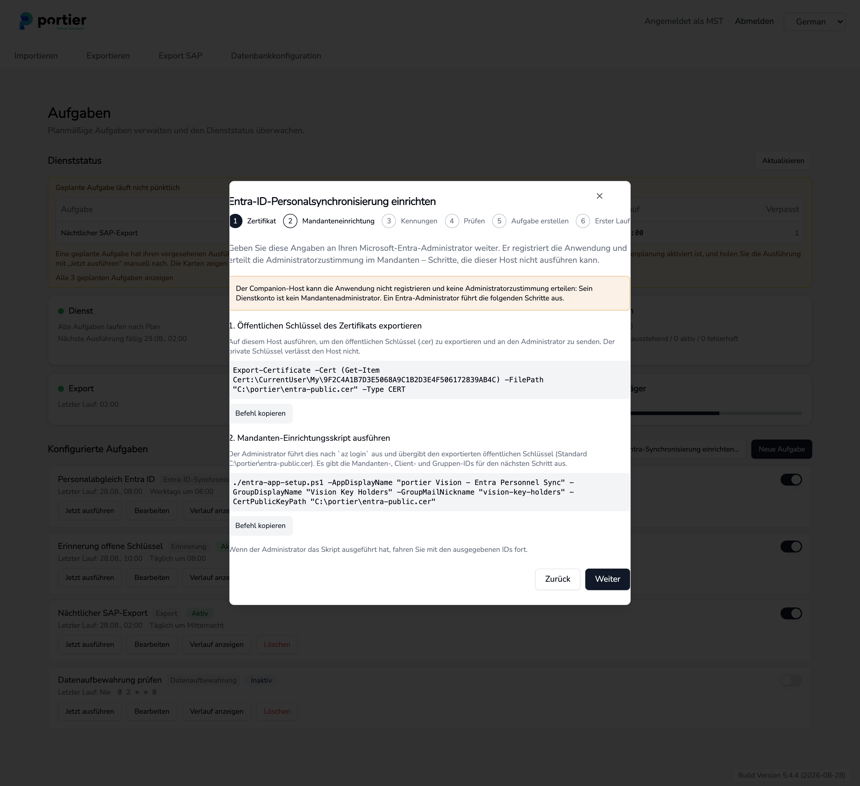 Schritt 2, die beiden Befehle für den Entra-Administrator, fertig ausgefüllt