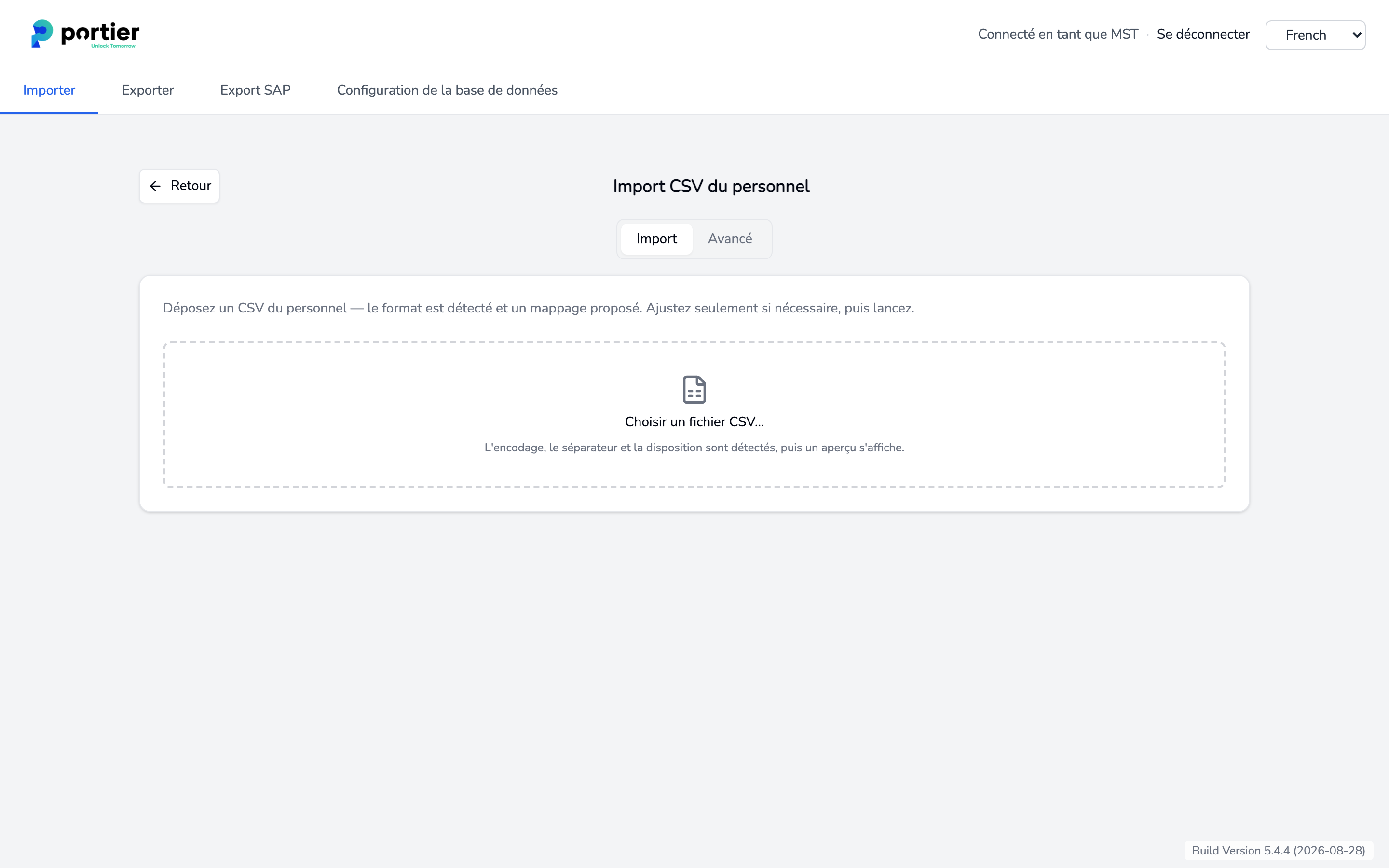 L'onglet Import, avec la zone de sélection du fichier CSV.