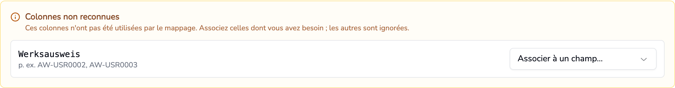 La liste Colonnes non reconnues, avec le bouton pour associer une colonne à un champ.