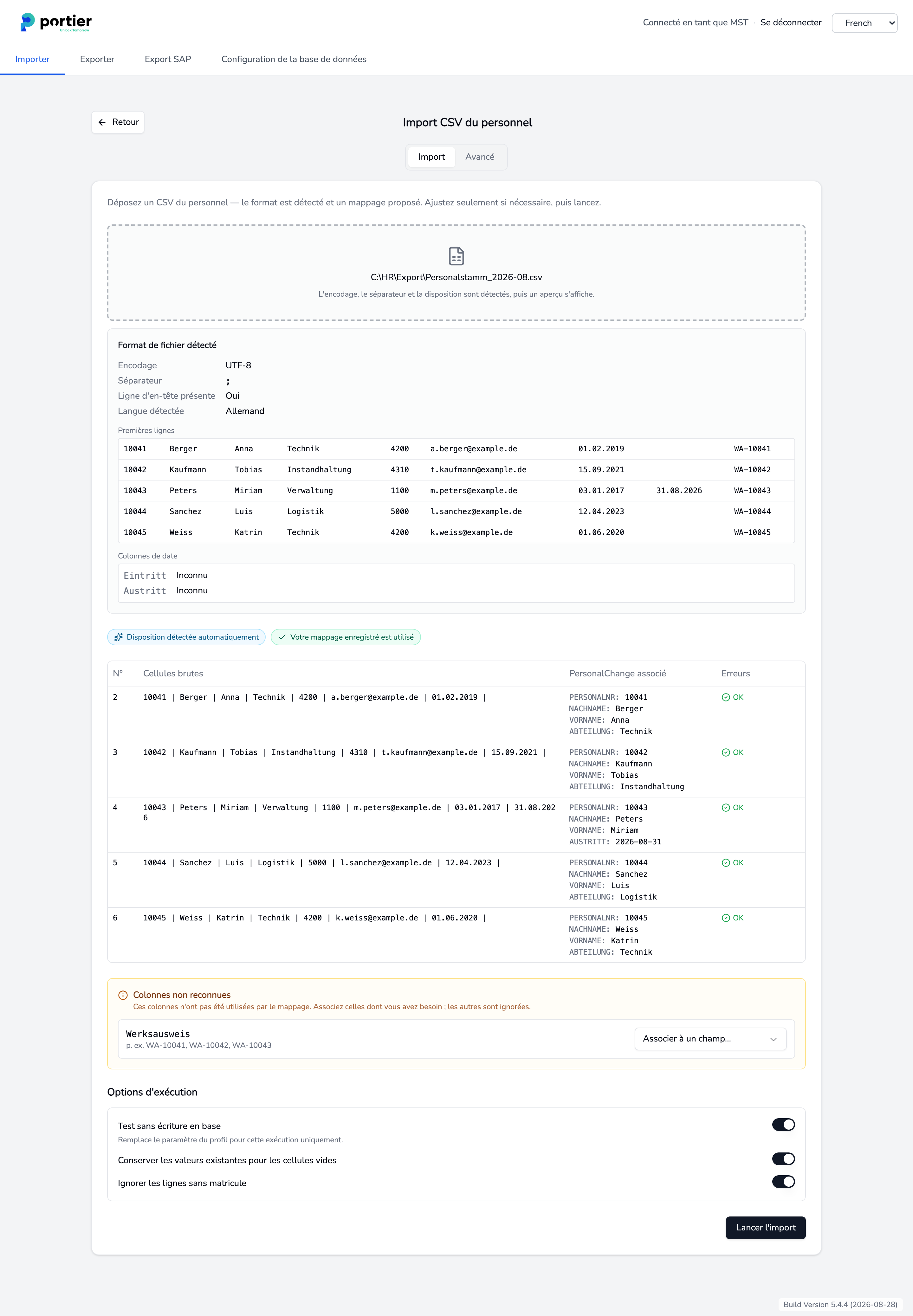Format détecté, aperçu, colonnes non reconnues et options d'exécution se suivent sur une seule page.