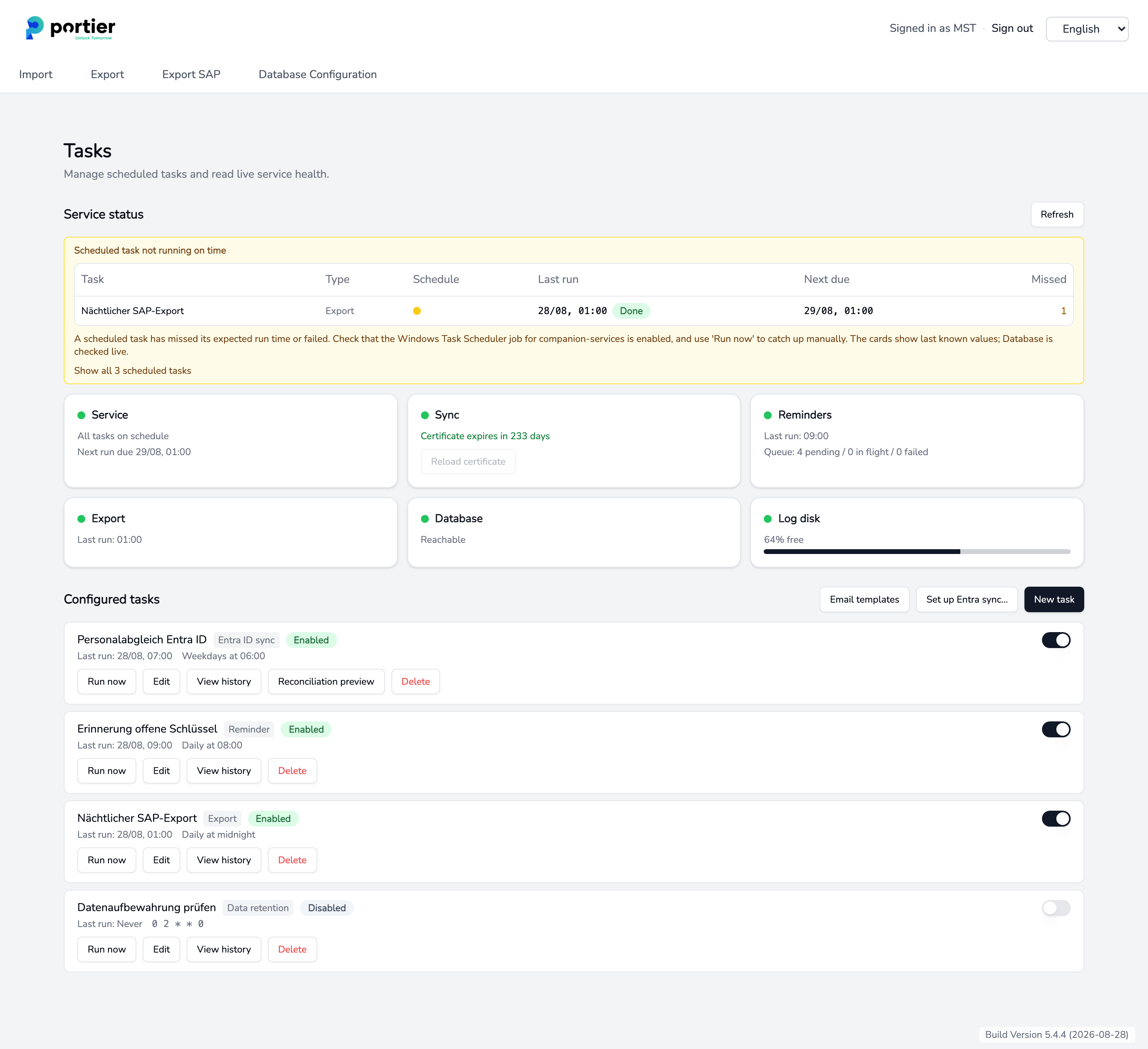 The Tasks page, service status at the top, configured tasks below.