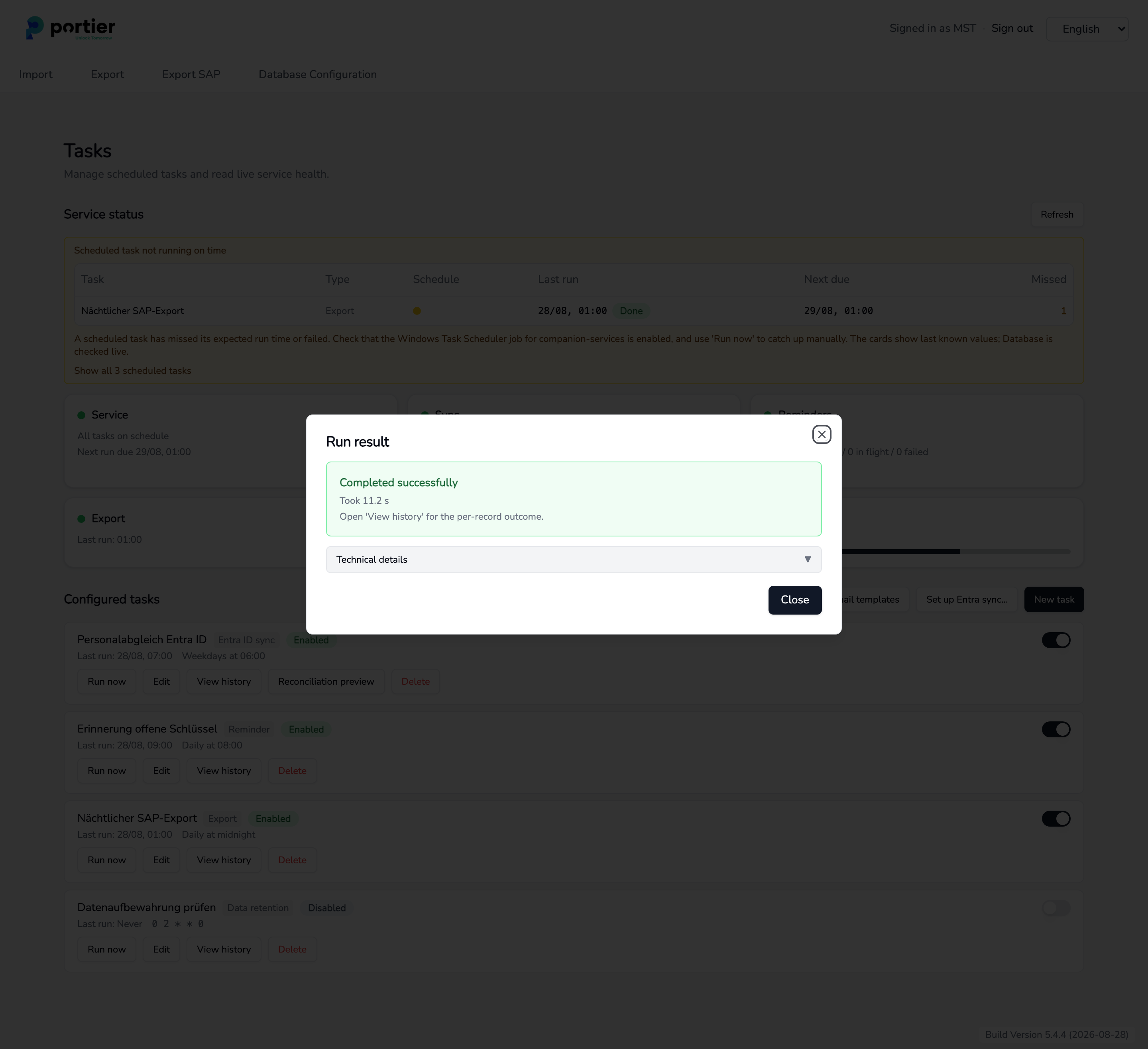 The run result, with the duration and expandable technical details.