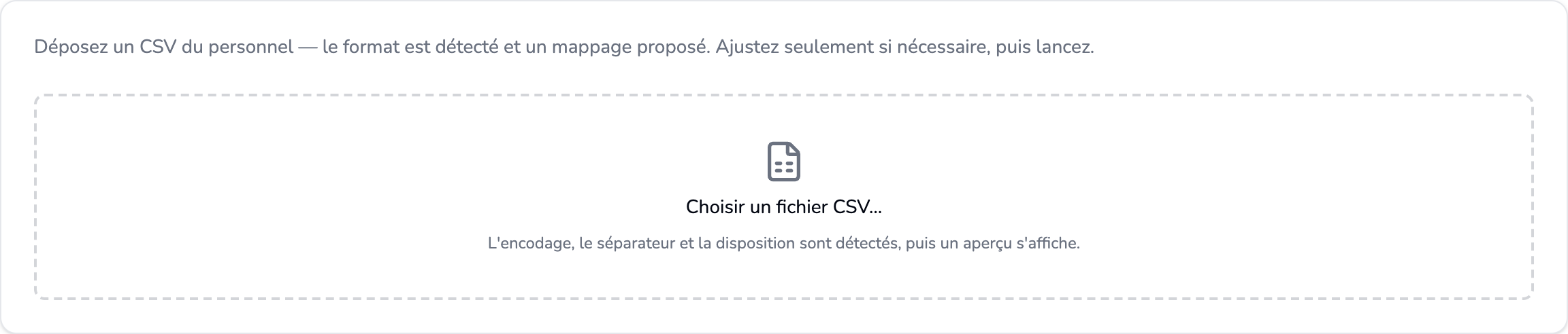 La carte CSV personnel dans Companion, avec le bouton Ouvrir l'import du personnel en dessous.