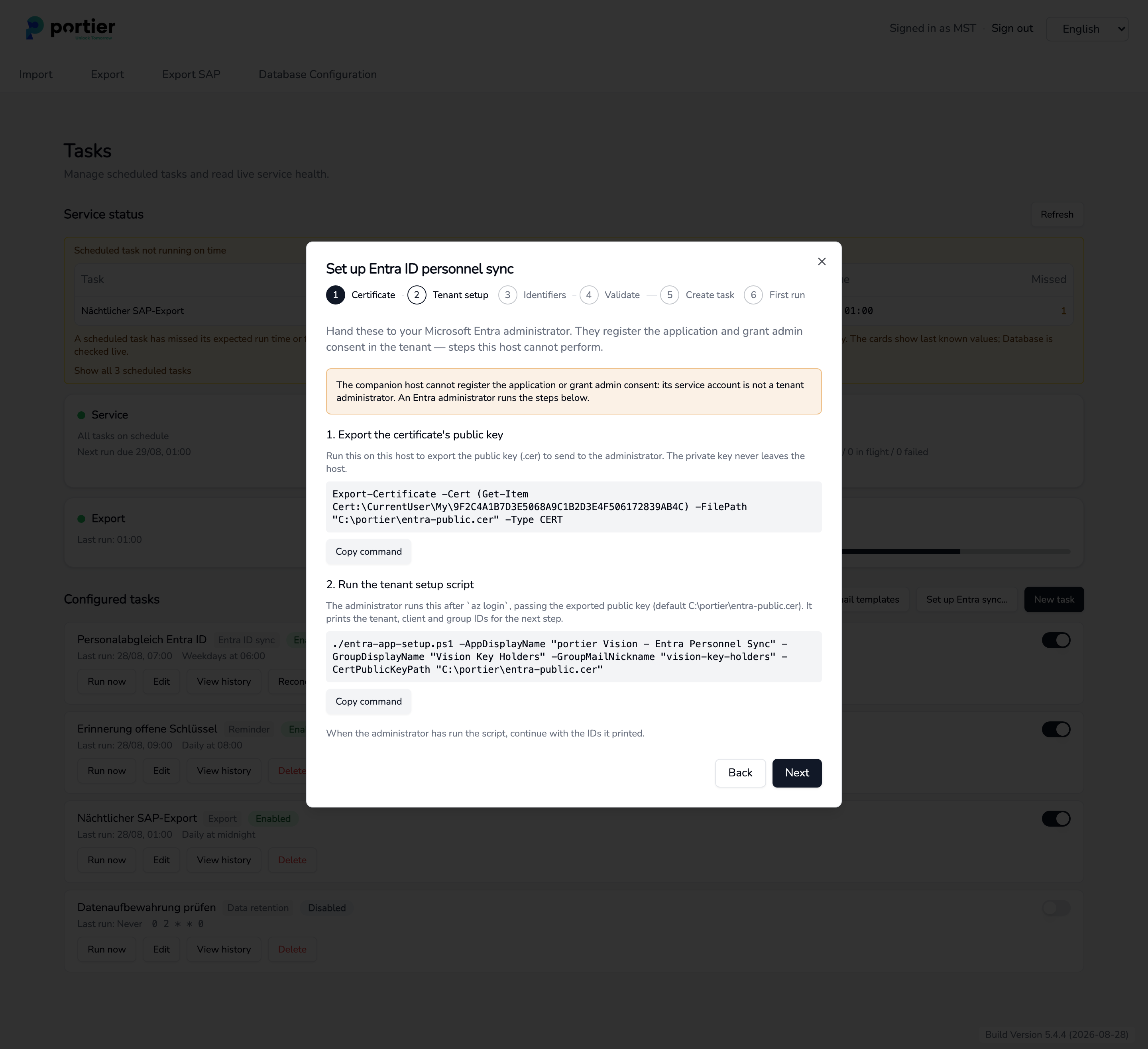 Step 2, the two commands for the Entra administrator, pre-filled