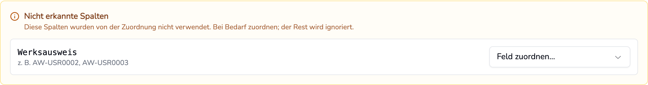 Die Liste Nicht erkannte Spalten mit der Schaltfläche zum Zuordnen je Spalte.