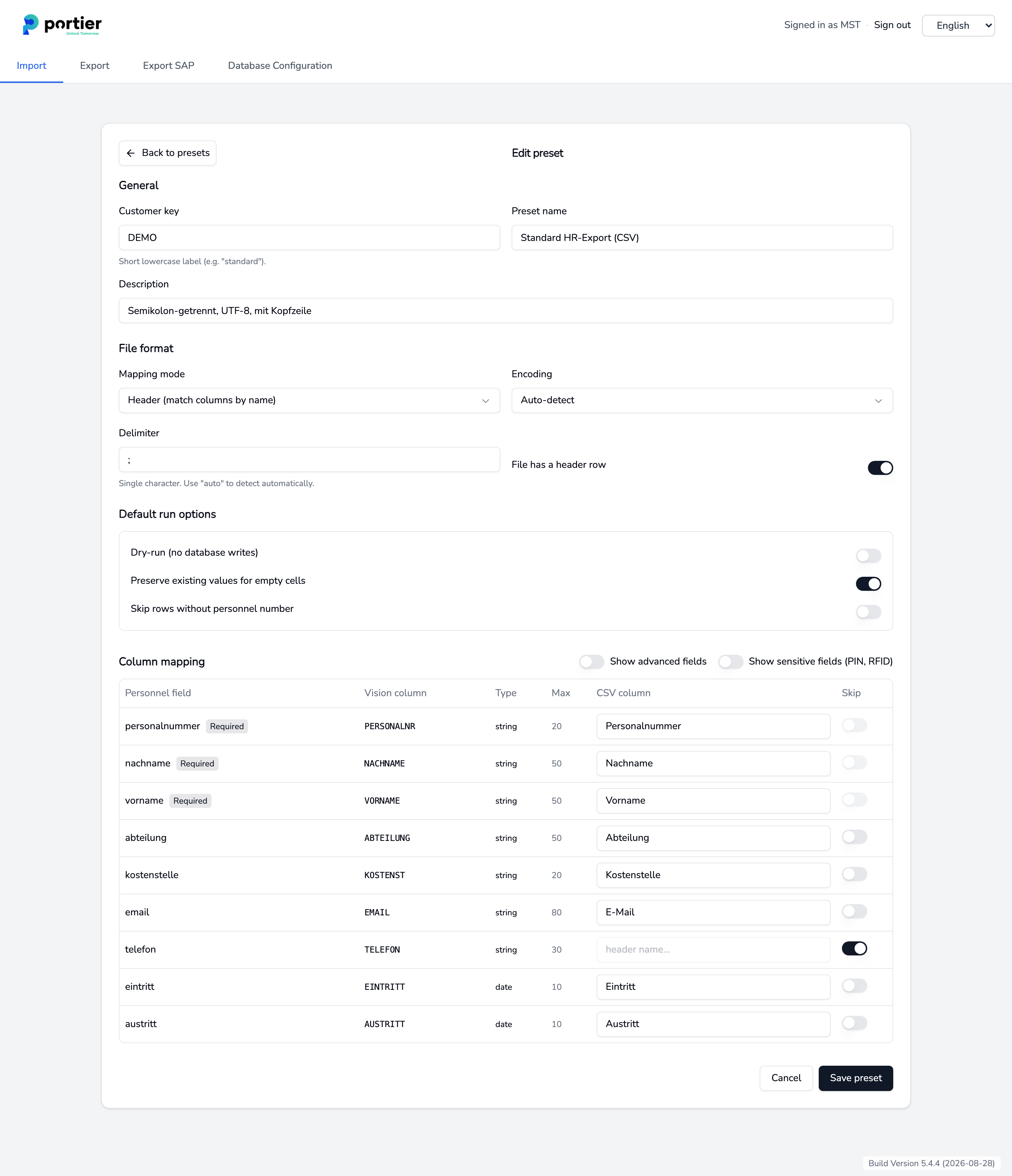 The preset editor. The column mapping ties each personnel field to a column in your file.