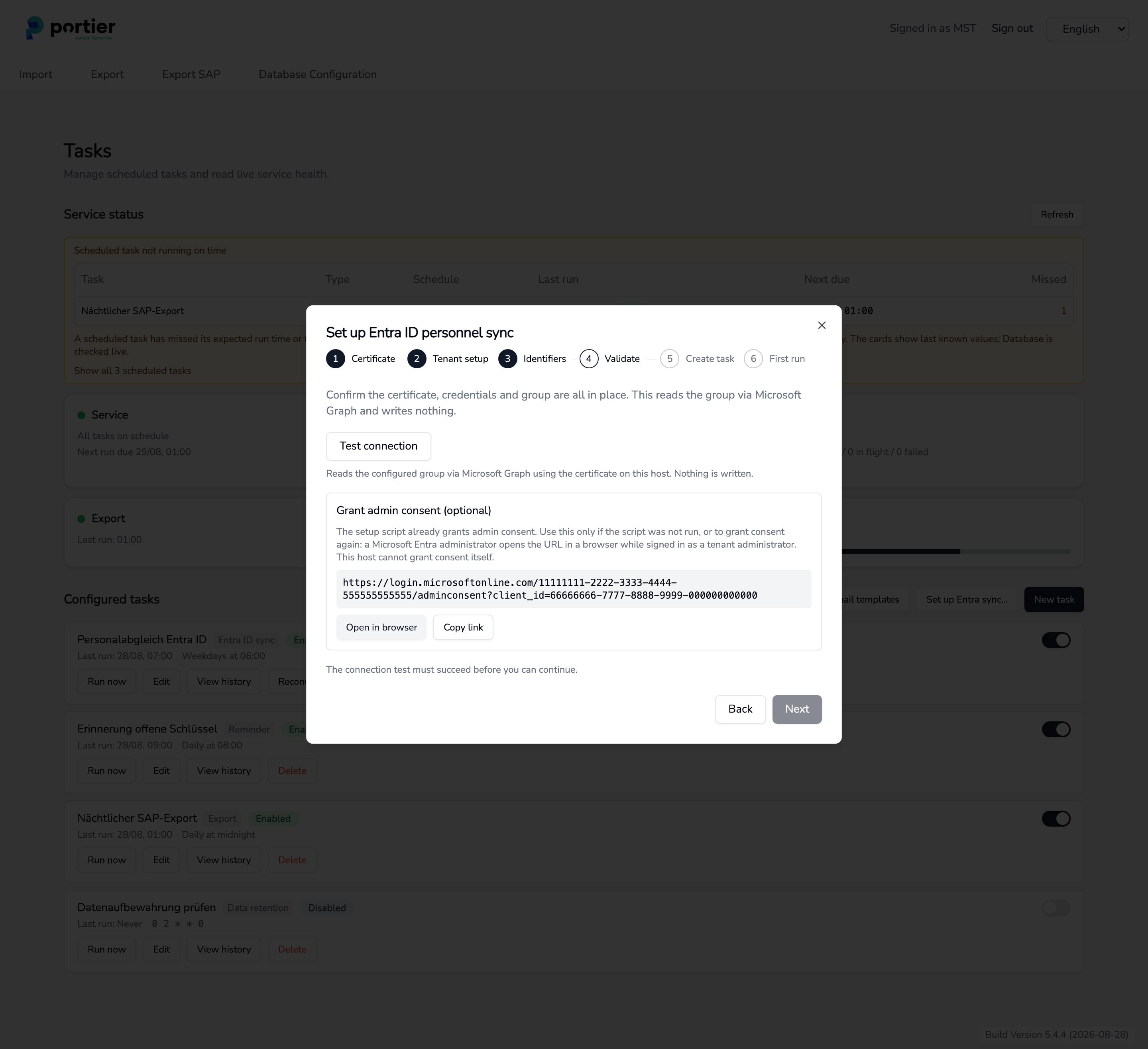 Step 4, the connection test reads the group and writes nothing