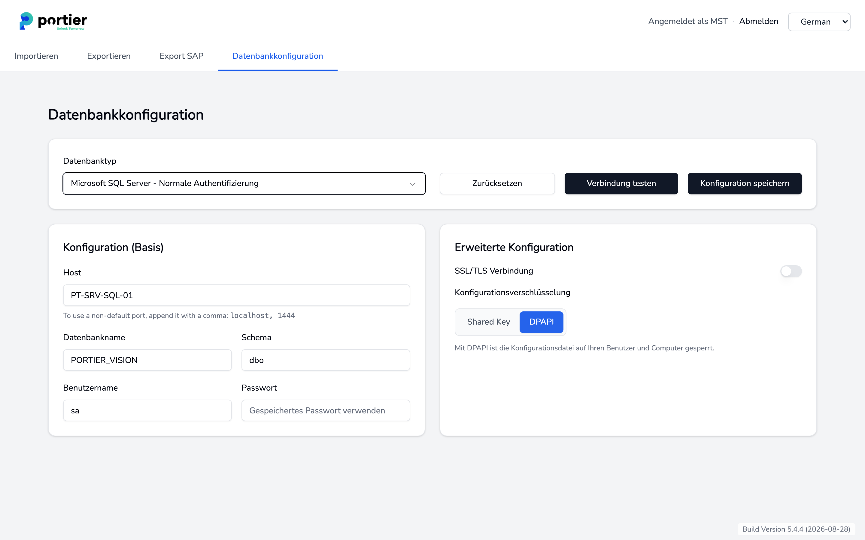 Datenbankkonfiguration für Microsoft SQL Server mit normaler Authentifizierung.