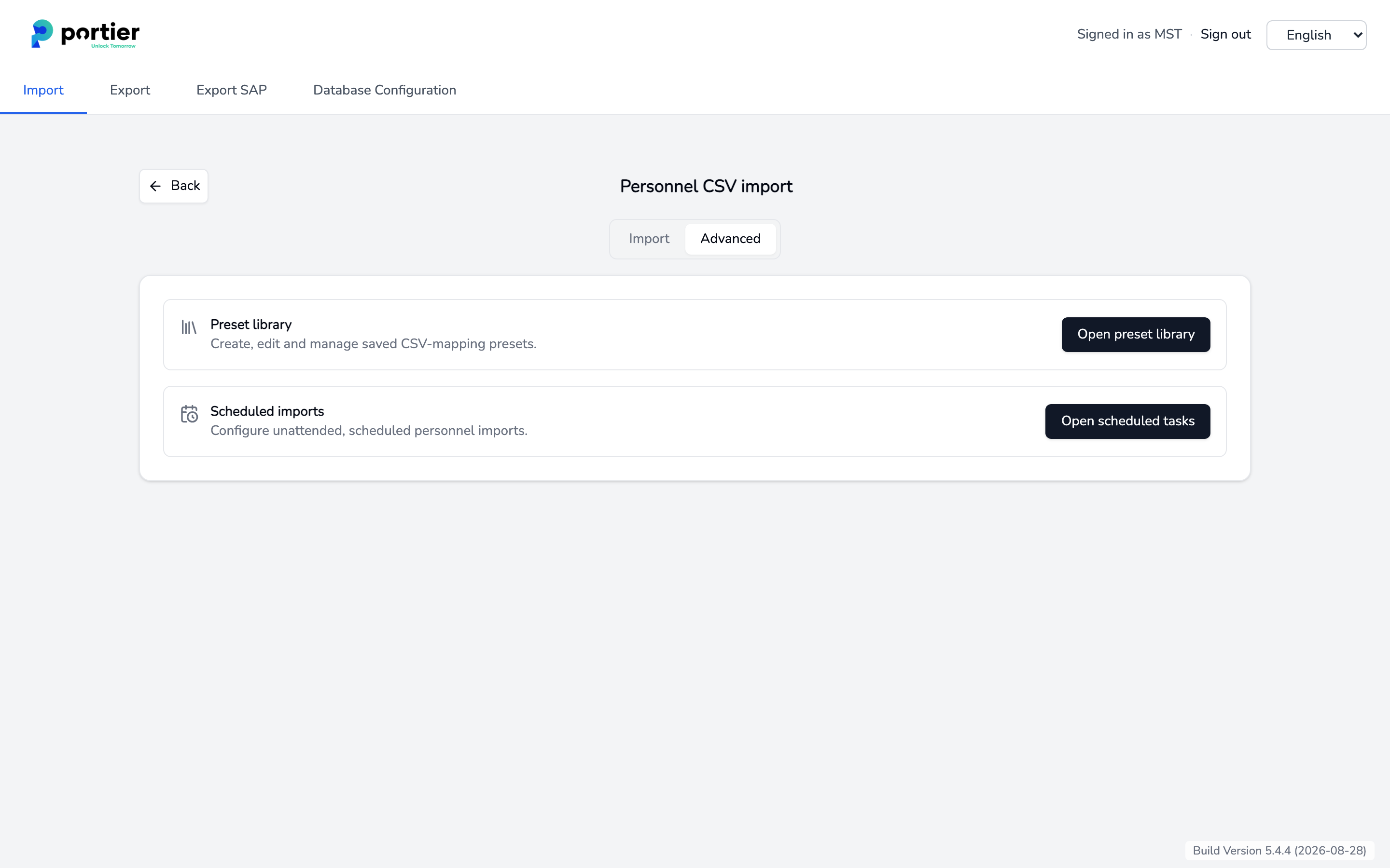 The Advanced tab with the preset library and the scheduled imports.