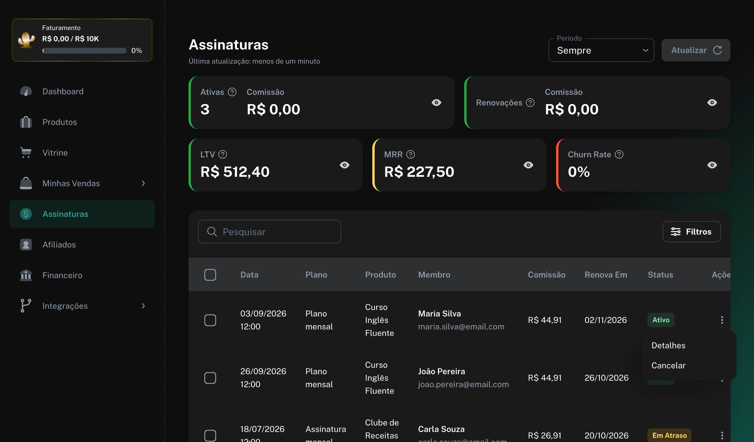 Página Assinaturas do painel, com o menu da assinatura aberto nas opções Detalhes e Cancelar