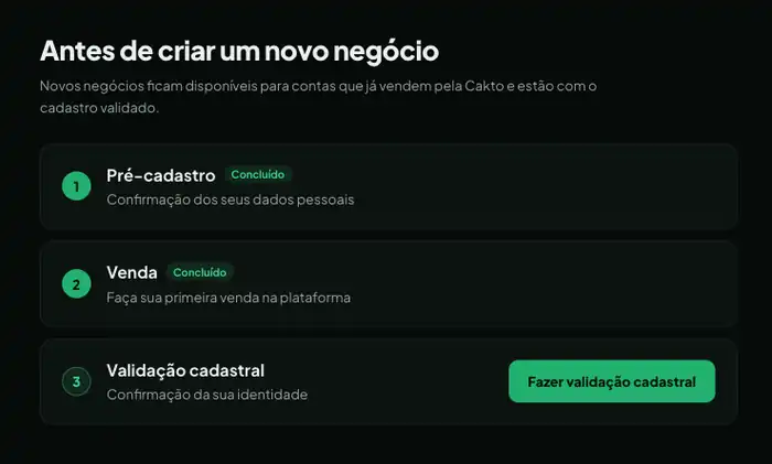 Tela Antes de criar um novo negócio, com as etapas Pré-cadastro e Venda concluídas e o botão Fazer validação cadastral na etapa Validação cadastral.