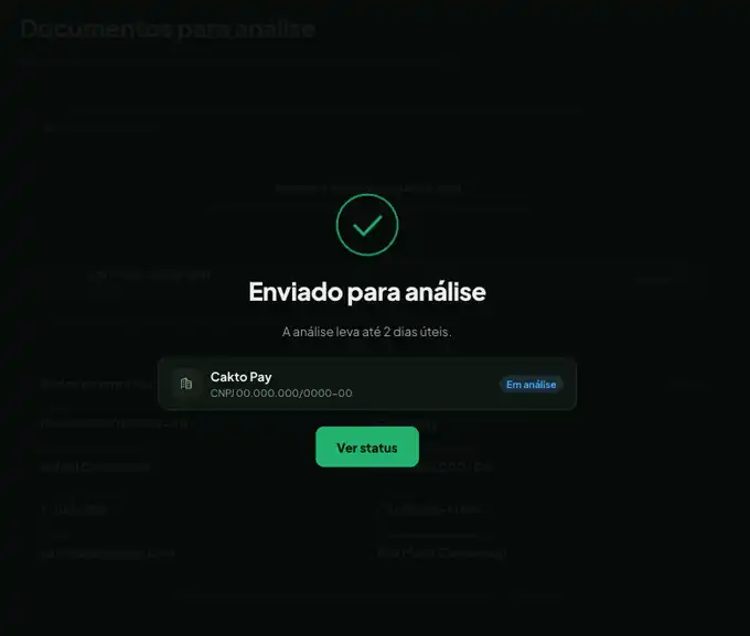 Confirmação Enviado para análise, informando que a análise leva até 2 dias úteis, com o novo Negócio no status Em análise e o botão Ver status.