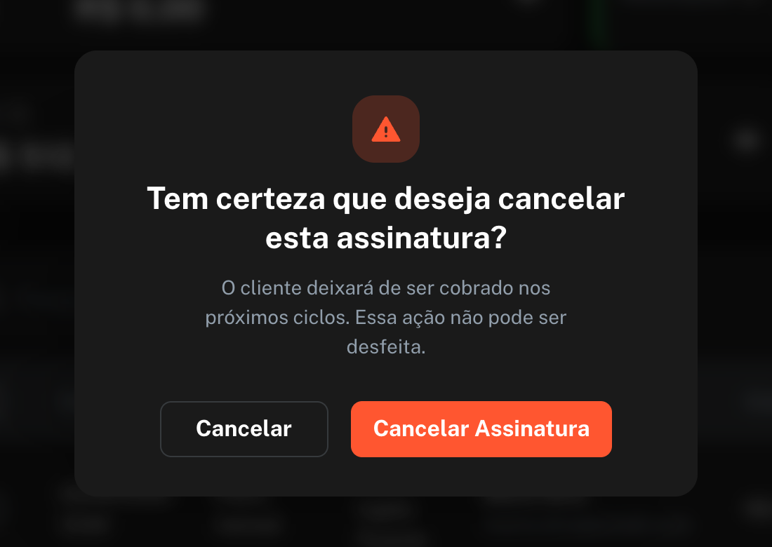 Janela de confirmação do cancelamento, com os botões Cancelar e Cancelar Assinatura