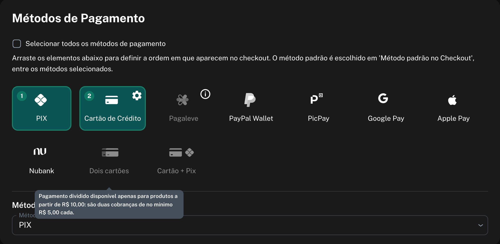 Produto de R$ 9,90: Dois cartões e Cartão + Pix aparecem desativados, com o aviso "Pagamento dividido disponível apenas para produtos a partir de R$ 10,00: são duas cobranças de no mínimo R$ 5,00 cada."