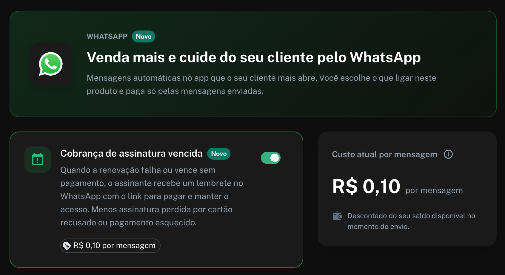 Tela WhatsApp de um produto de assinatura com o cartão Cobrança de assinatura vencida ativado e o cartão Custo atual por mensagem mostrando R$ 0,10 por mensagem