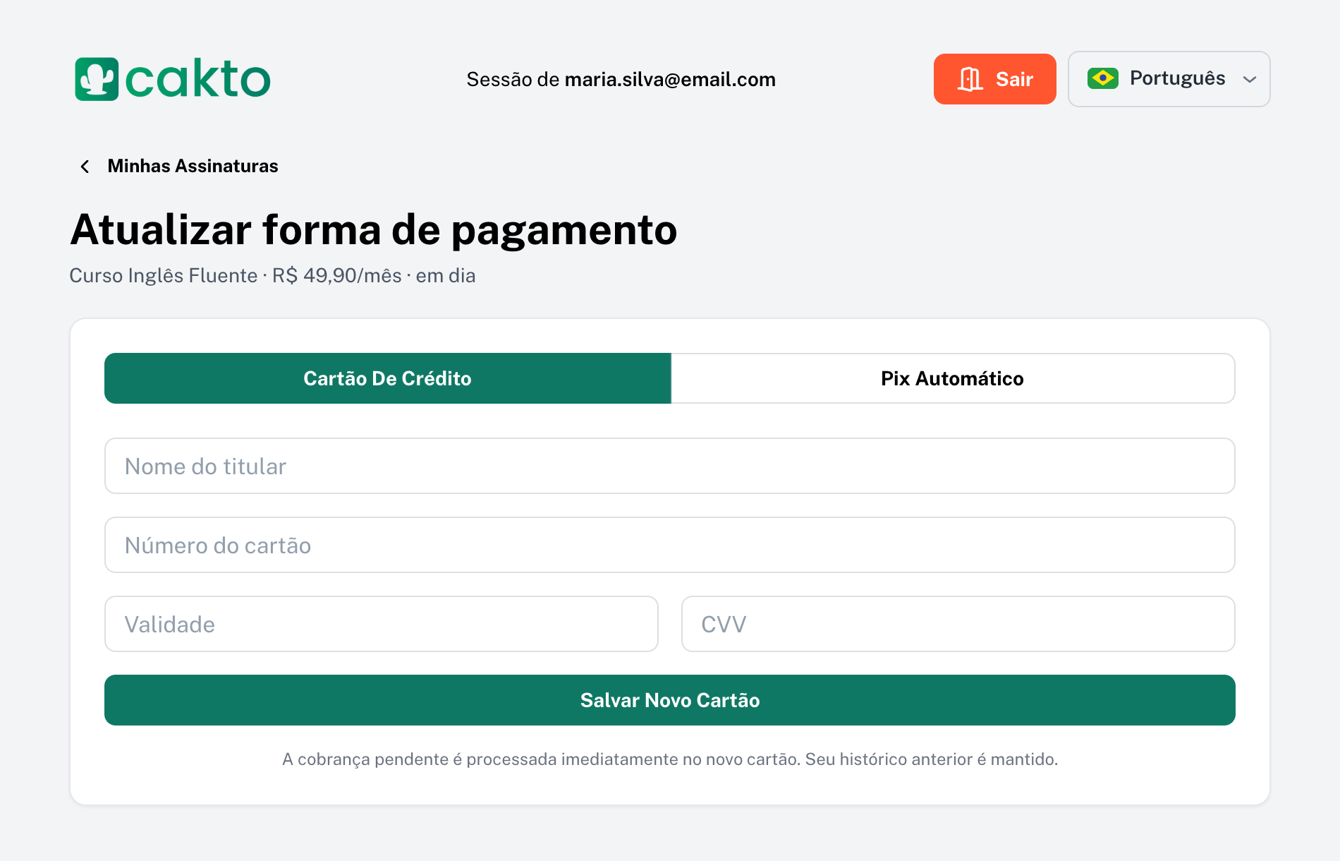 Tela Atualizar forma de pagamento com o formulário do cartão e o botão Salvar novo cartão