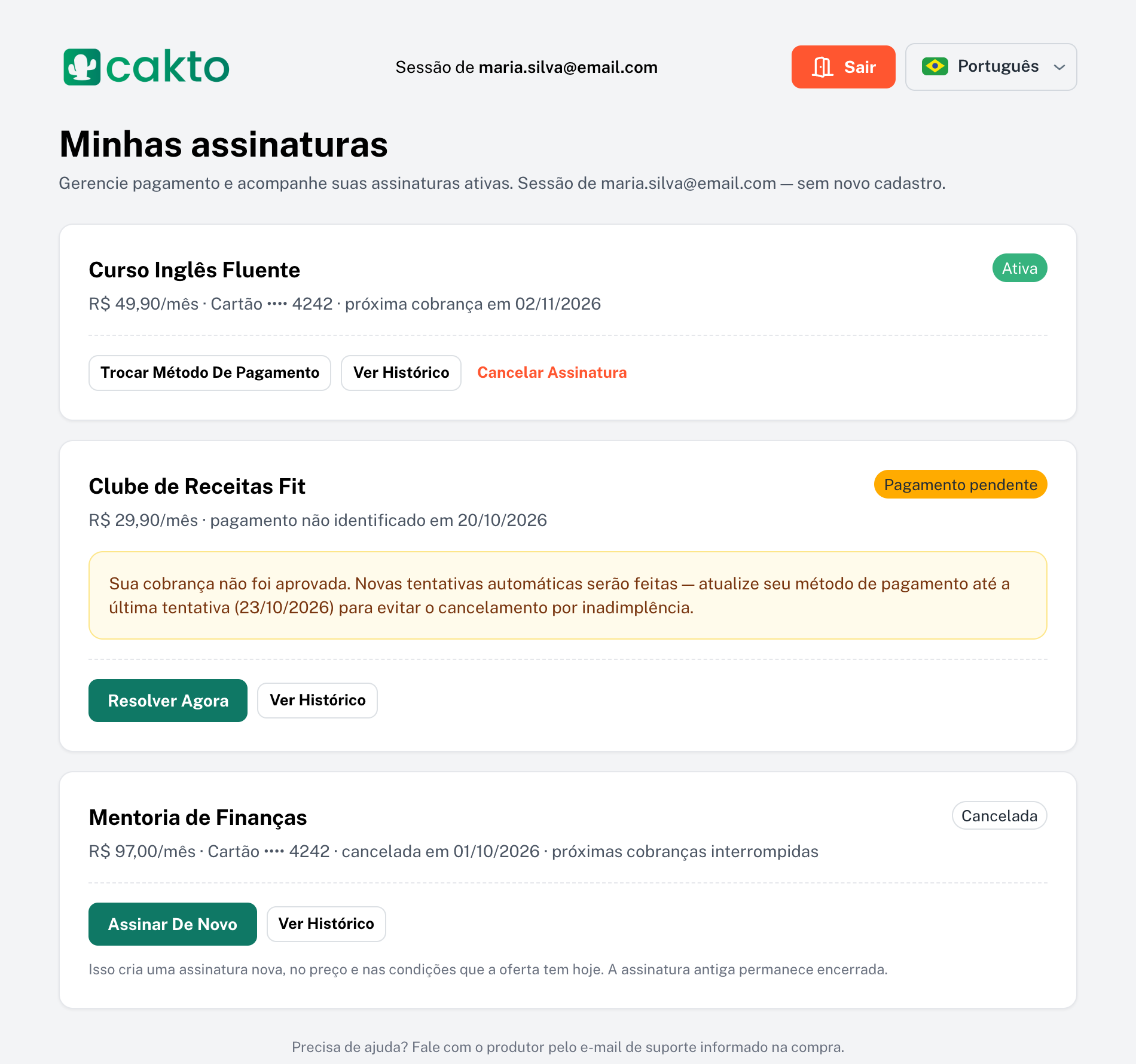 Tela Minhas assinaturas com uma assinatura ativa, uma com pagamento pendente e uma cancelada