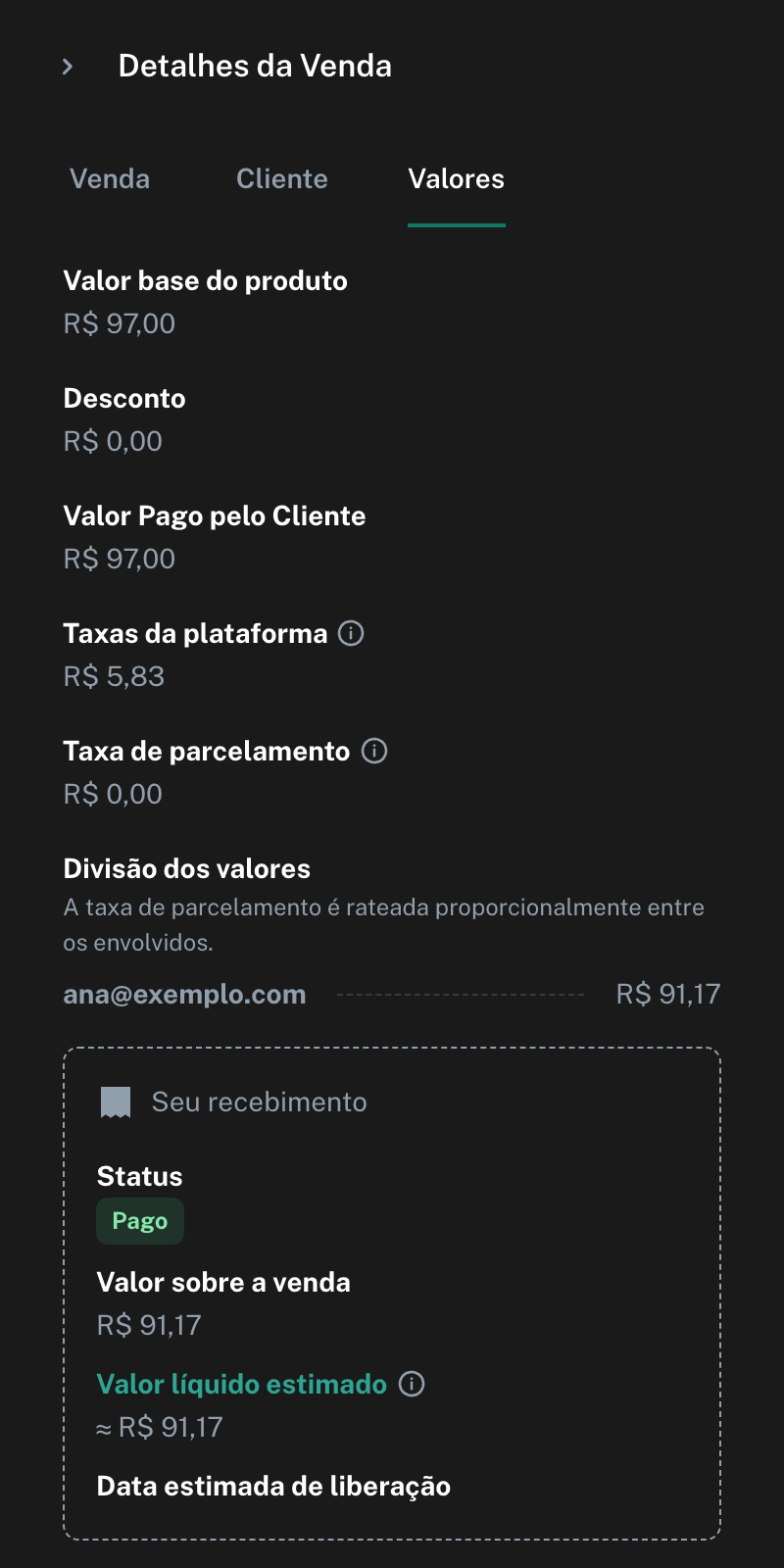 Aba Valores dos Detalhes da Venda: valor base R$ 97,00, valor pago pelo cliente R$ 97,00, taxas, divisão dos valores e o seu recebimento