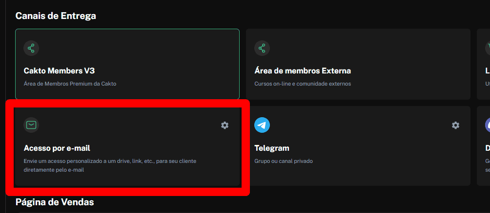Seção Canais de Entrega nas configurações do produto, com o card Acesso por e-mail destacado em vermelho.