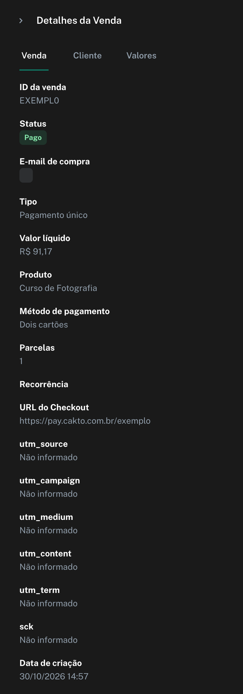 Aba Venda dos Detalhes da Venda, com Método de pagamento: Dois cartões