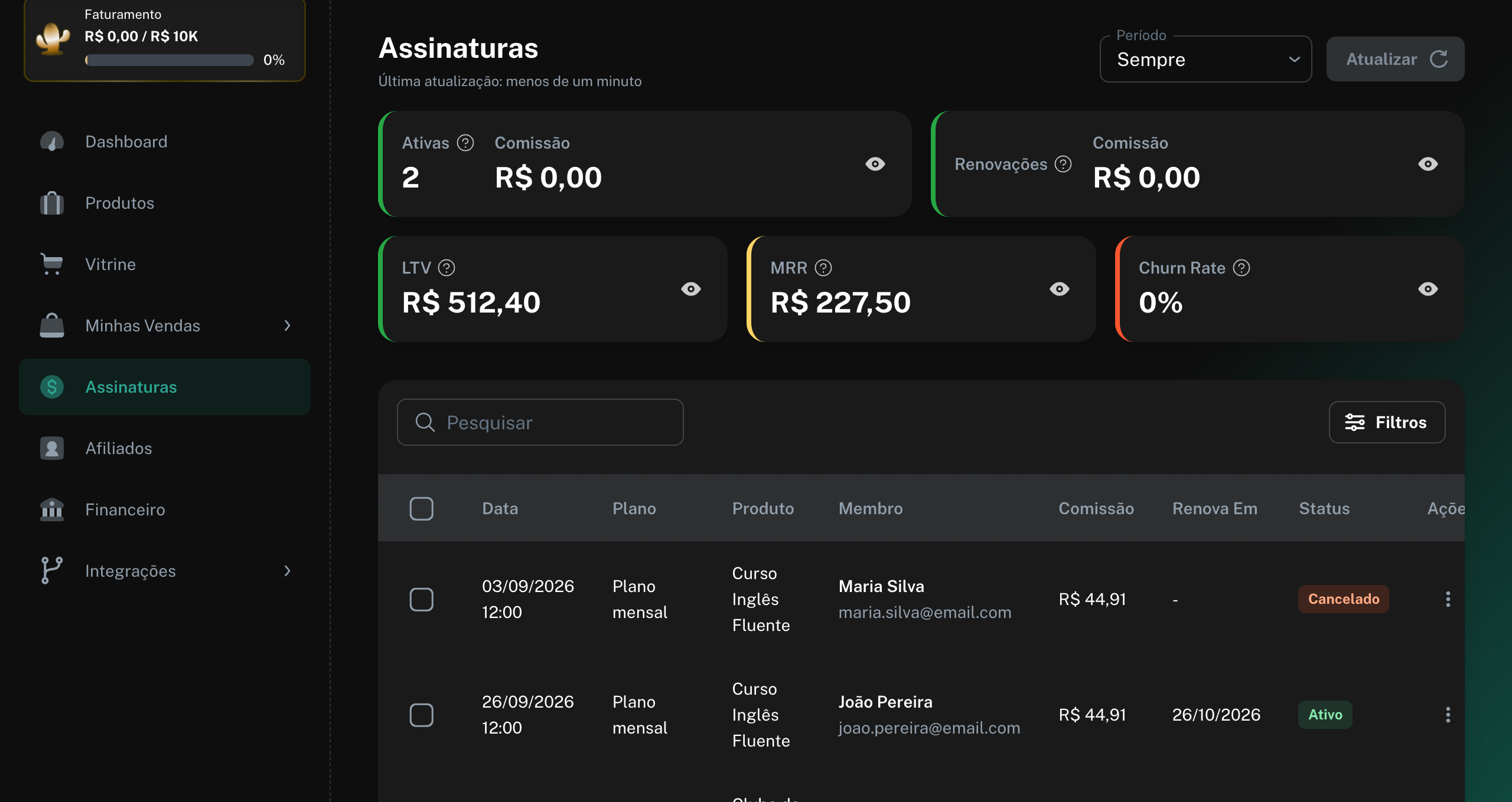 Lista de assinaturas com a mensagem Assinatura cancelada com sucesso e o status Cancelado