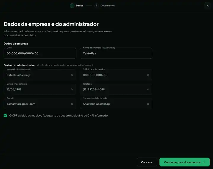 Etapa 1, Dados da empresa e do administrador: campos CNPJ e Nome da empresa, dados do administrador preenchidos a partir do cadastro, confirmação do quadro societário marcada e botão Continuar para documentos.