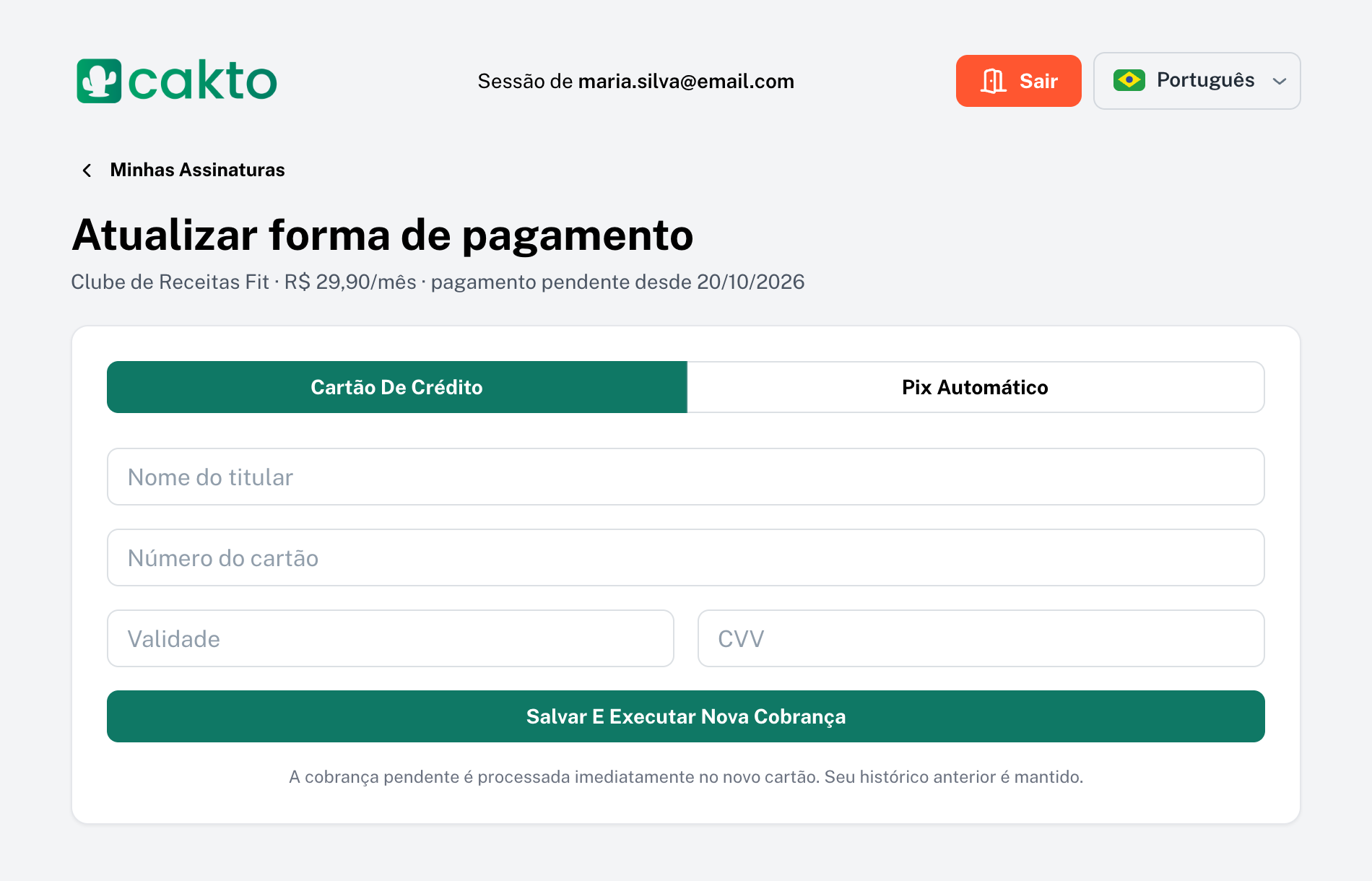 Tela de pagamento pendente com o botão Salvar e executar nova cobrança