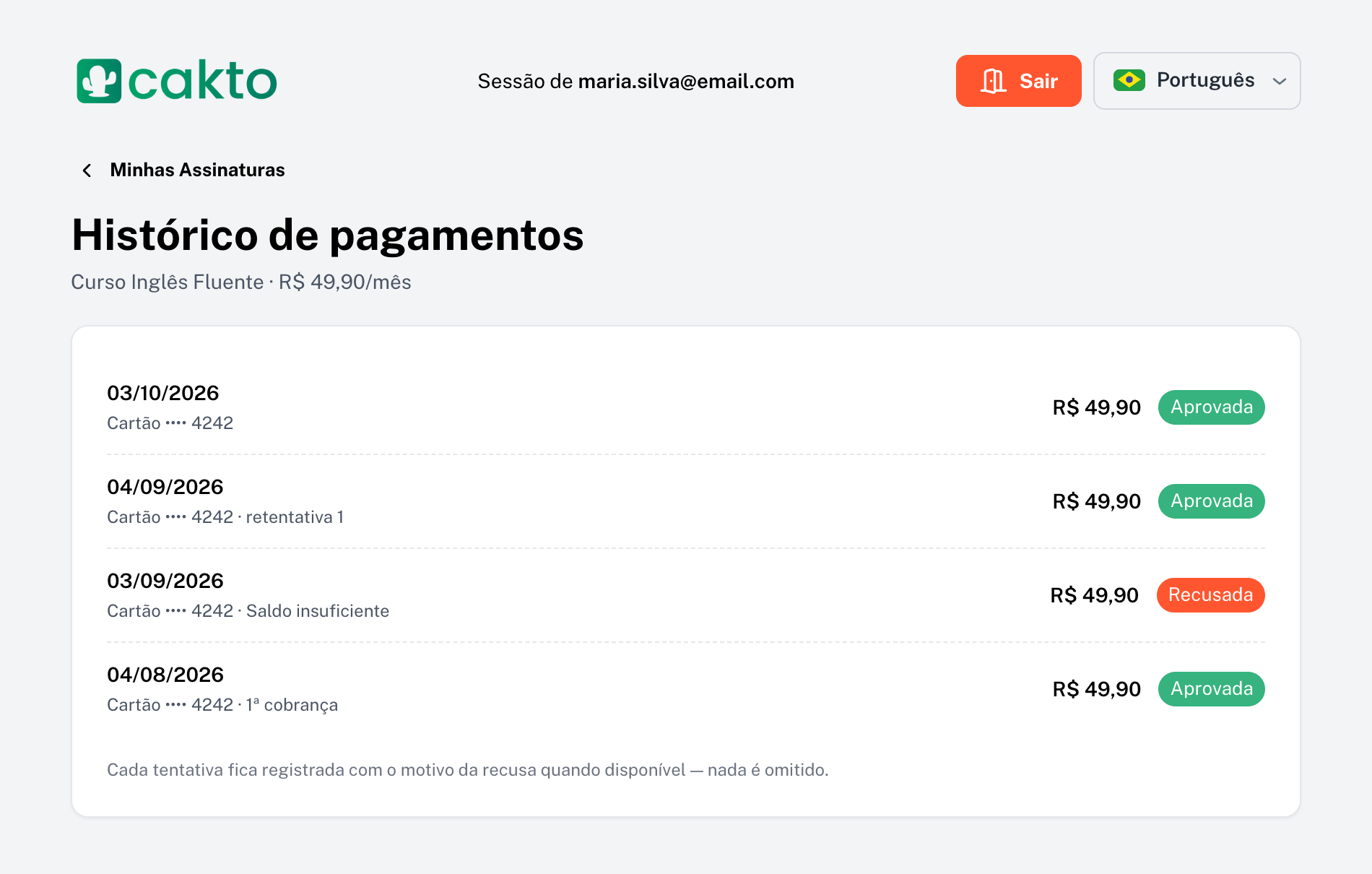 Histórico de pagamentos da assinatura com cobranças aprovadas e uma recusada