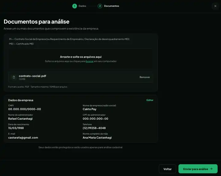 Etapa 2, Documentos para análise: área para anexar o documento em PDF com o arquivo contrato-social.pdf anexado, resumo dos dados da empresa com o link Editar e botão Enviar para análise.