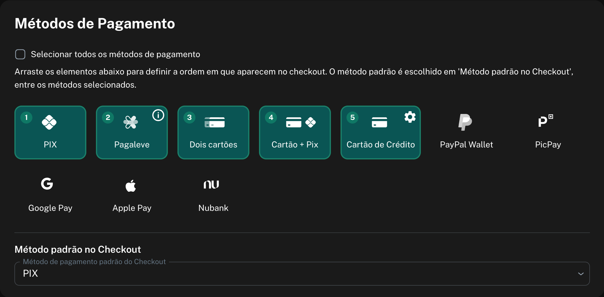 Métodos de Pagamento de um produto de R$ 97,00 com Pix, Pagaleve, Dois cartões, Cartão + Pix e Cartão de Crédito marcados