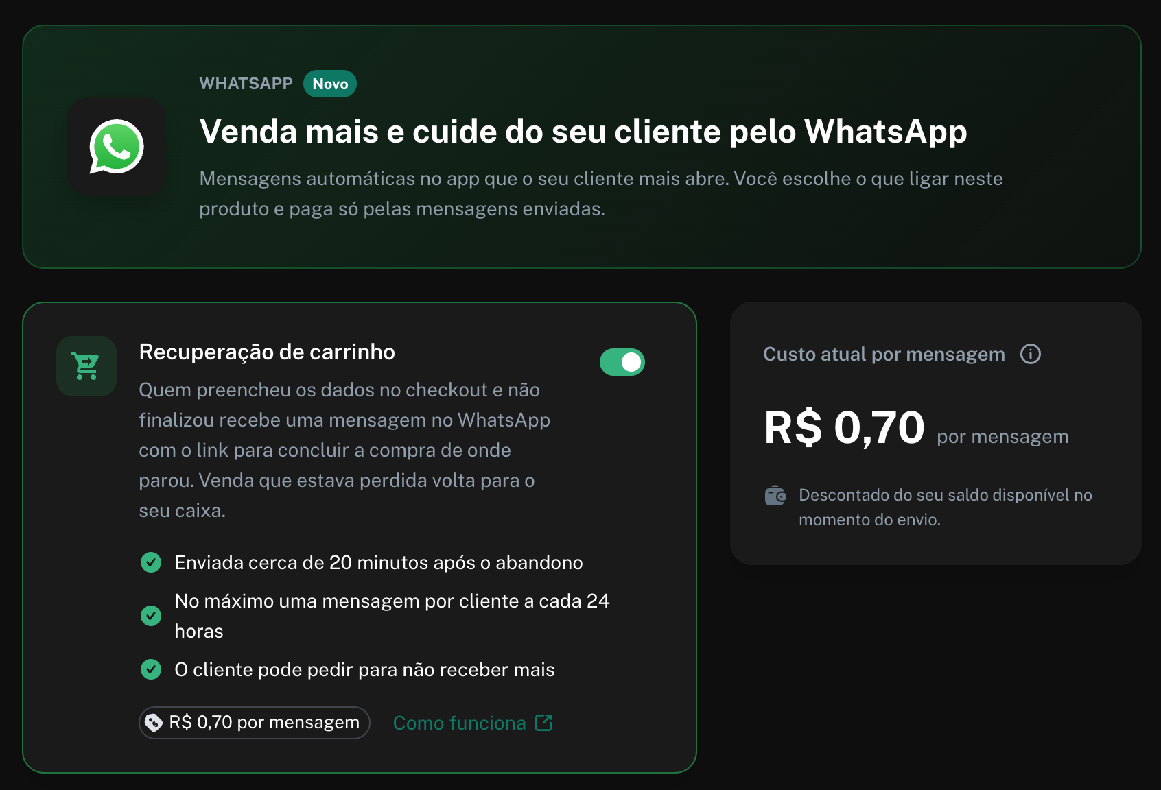 Tela WhatsApp do produto com o cartão Recuperação de carrinho ativado e o cartão Custo atual por mensagem mostrando R$ 0,70 por mensagem