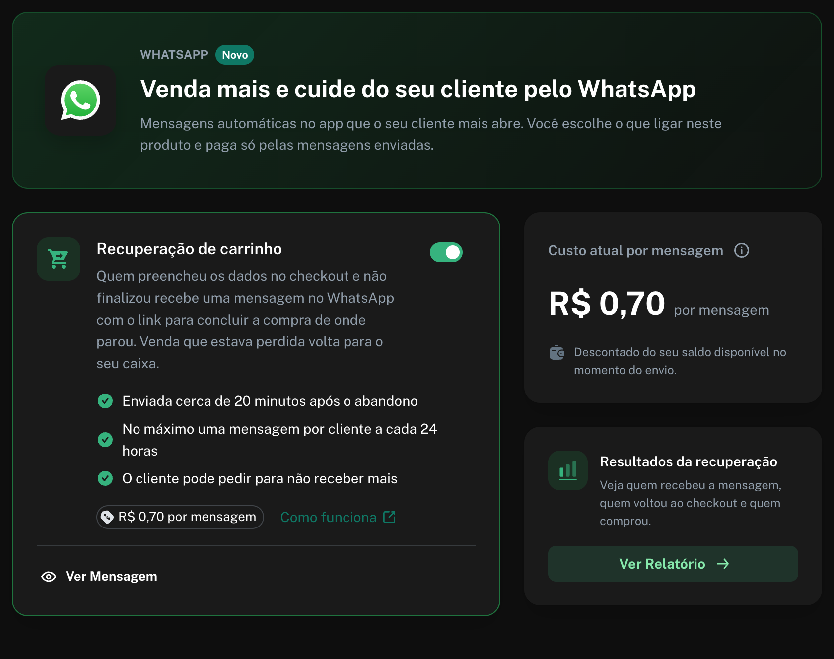 Tela WhatsApp do produto com o cartão Resultados da recuperação e o botão Ver relatório abaixo do custo por mensagem