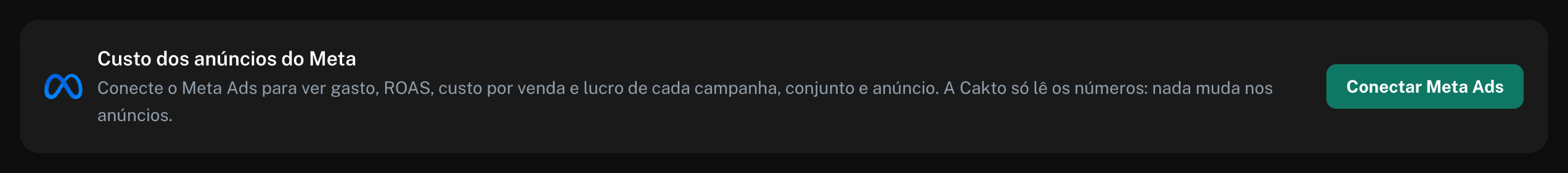 Card Custo dos anúncios do Meta com o botão Conectar Meta Ads