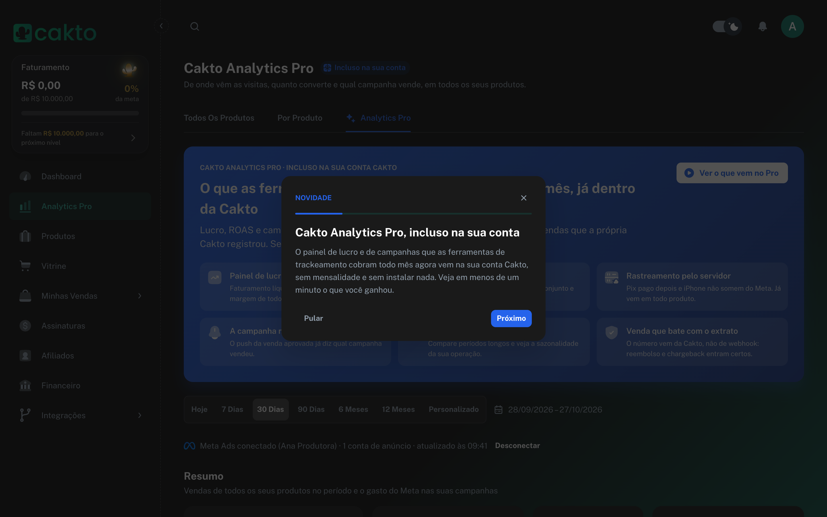 Janela de apresentação Cakto Analytics Pro, incluso na sua conta, sobre a aba Analytics Pro