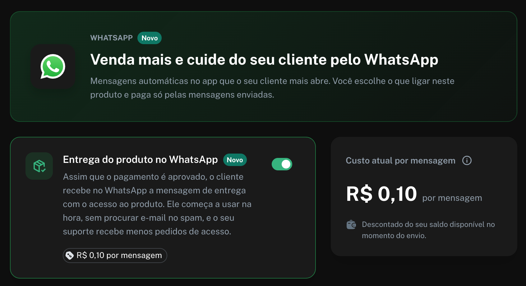 Tela WhatsApp do produto com o cartão Entrega do produto no WhatsApp ativado e o cartão Custo atual por mensagem mostrando R$ 0,10 por mensagem