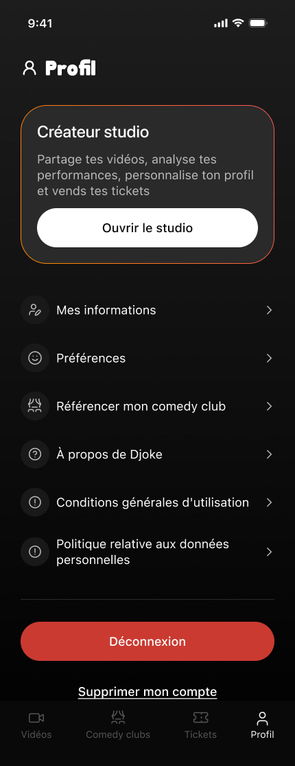 Profil créateur avec le bouton Ouvrir le studio