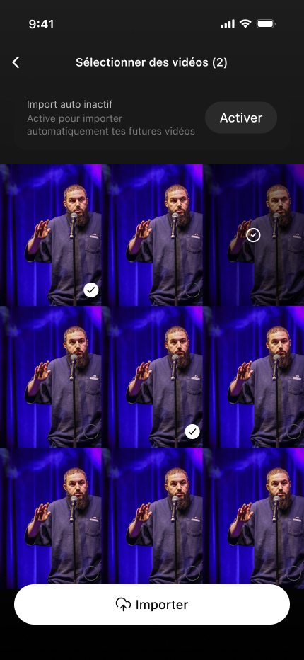 Sélection des vidéos Instagram et option d'import automatique