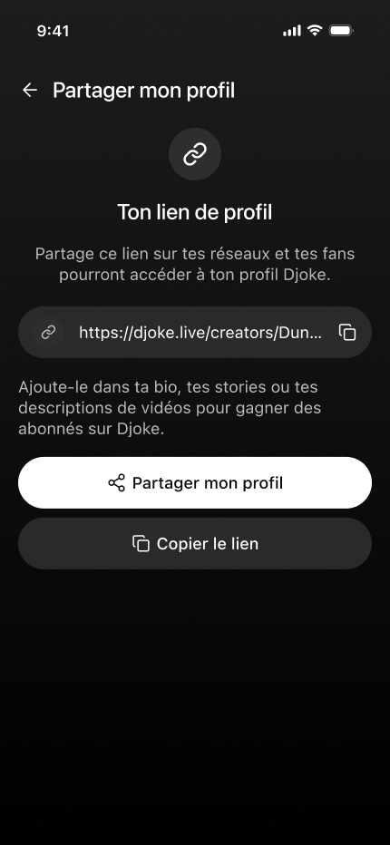 Partage du lien de profil créateur