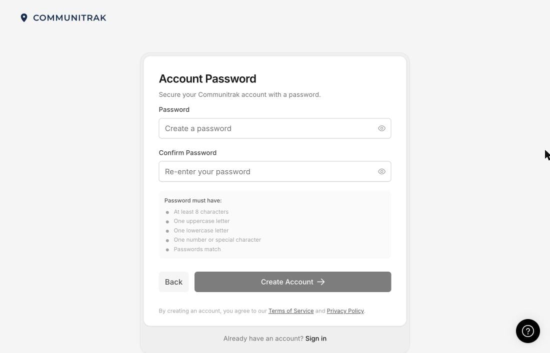 The Account Password step with the password requirements list