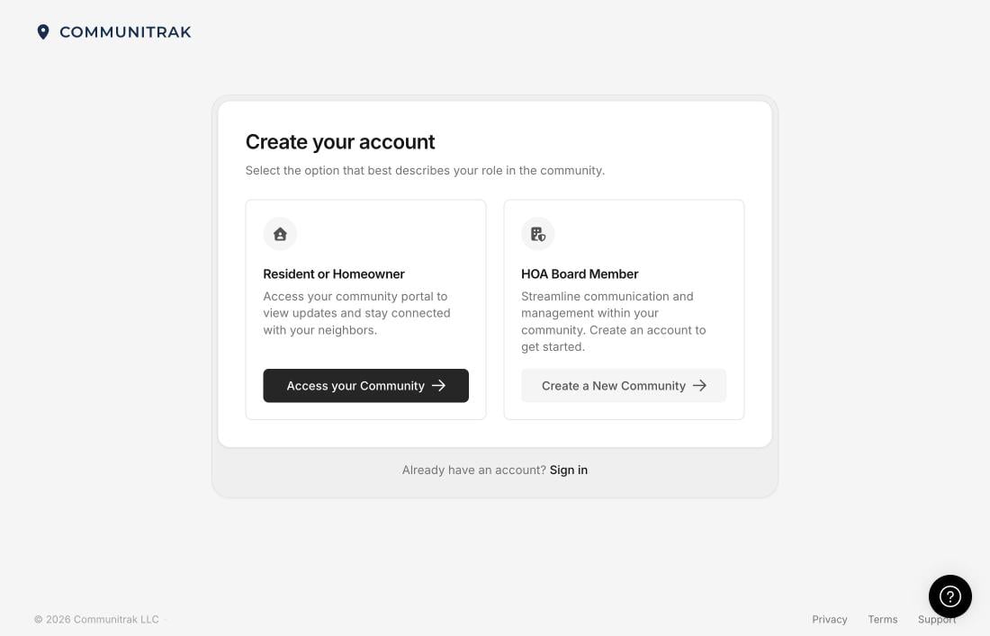 The Create your account page with Access your Community